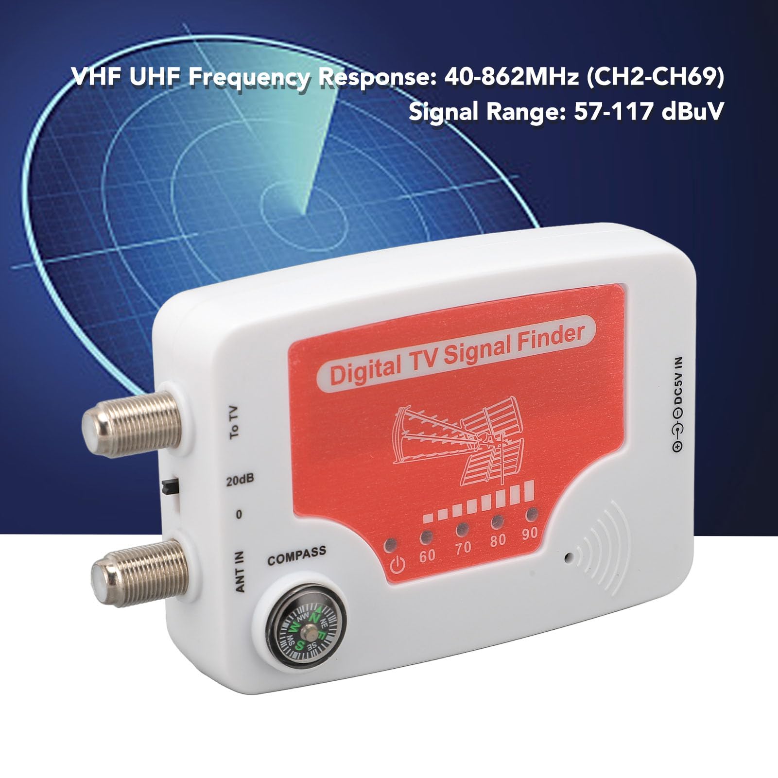 VBESTLIFE Digital TV Signal Finder, 40-862MHz VHF UHF TV Signal Finder T2 Antenna Strength Meter Signal Finding Meter, LED Display, Compass