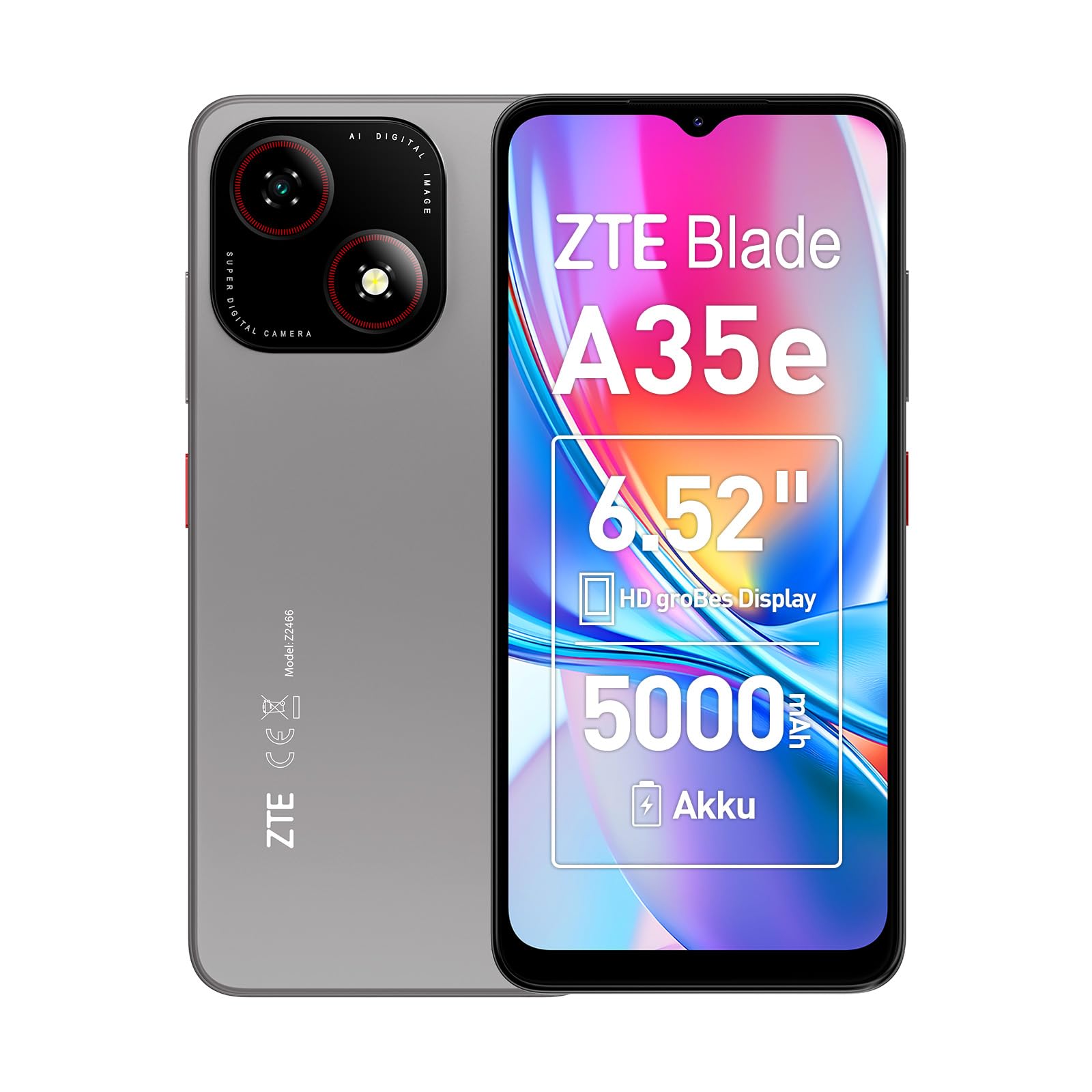 ZTE Blade A35e, Android-Handy，Smartphone ohne Vertrag: 2GB+64GB Speicher, Silvery Gray, 5000 mAh Batterie & 6.52" HD+Display