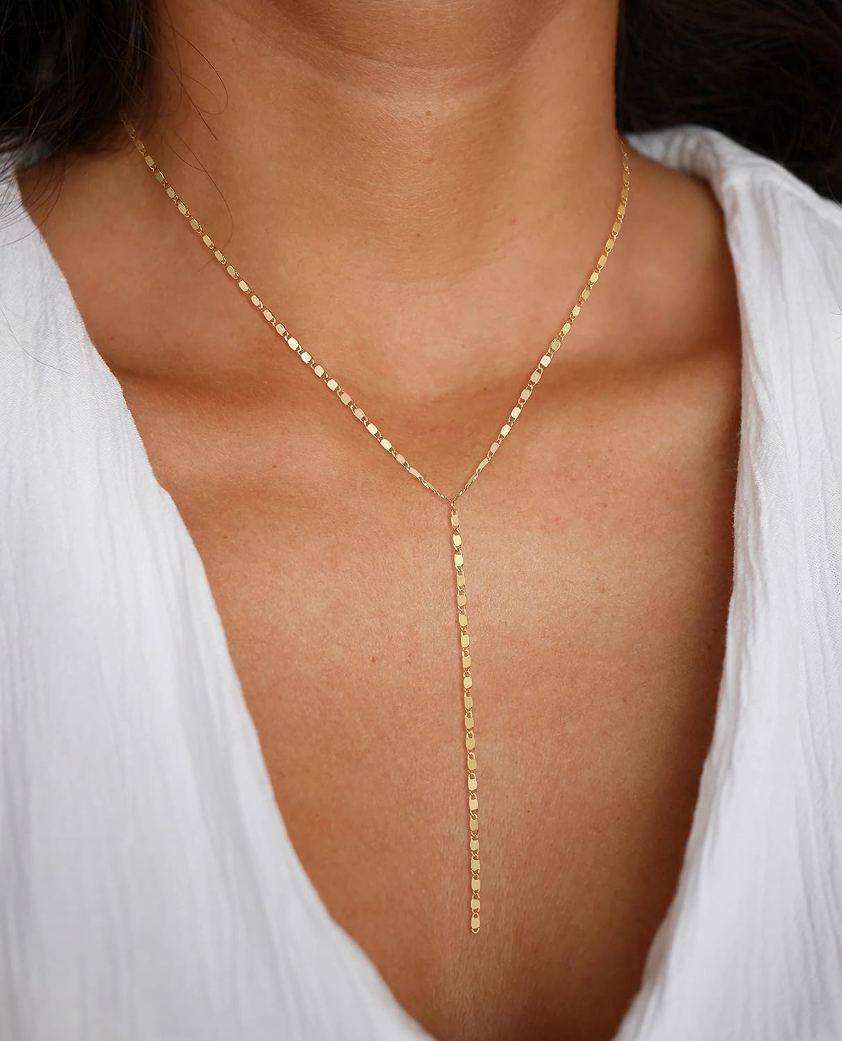 Foxgirl Lariat Gold Necklace for Women, Dainty Long Necklace 14k Gold Plated/Silver Y-Shaped Pendant Necklace Trendy Layered Cz Beaded Chain Drop Necklaces Simple Gold Jewelry For Women Gift - Image 3
