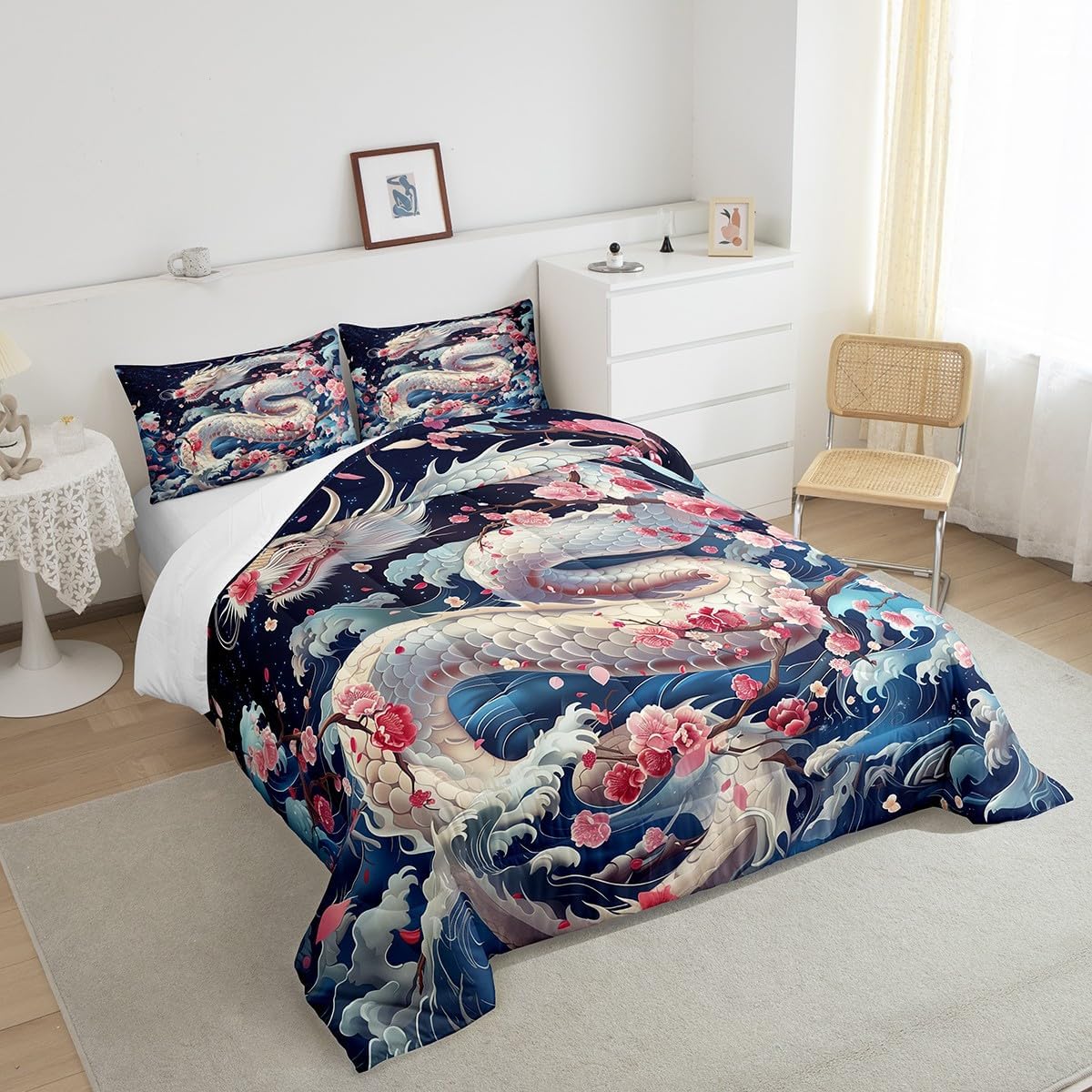 Dragon Comforter Set King Size,Pink Cherry Blossom Japanese Ukiyoe Bedding Set 3Pcs,Kids Girls Boys Teens Room Decor,Ocean Sea Wave Quilt Set Western Wildlife White Dragon Duvet Insert,2 Pillowcases