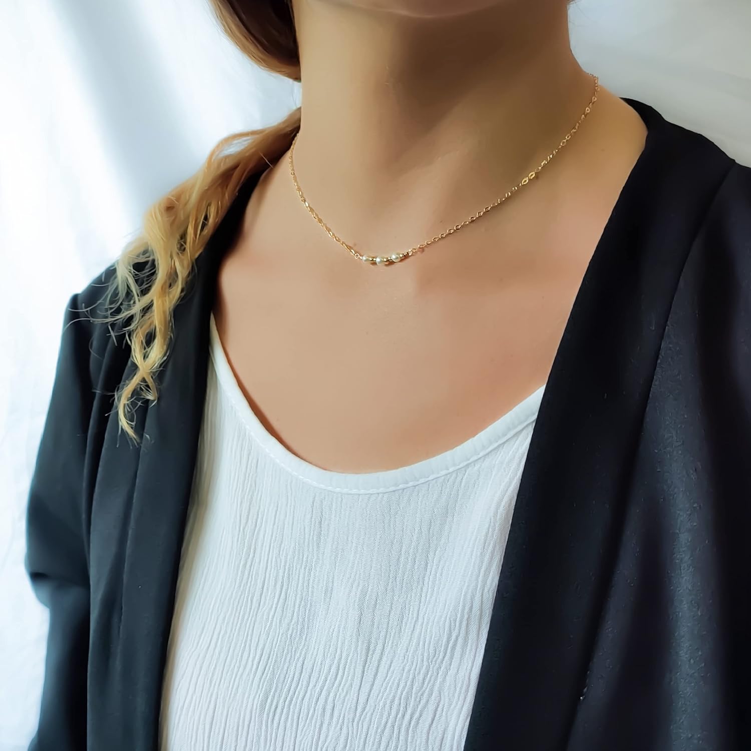 Annika Bella Pearl Bar Choker, Gold Necklace, 15-17 Inches Chain, Dainty Jewelry for Women, Simulated Pearl Beads, Gift for Her - Image 6