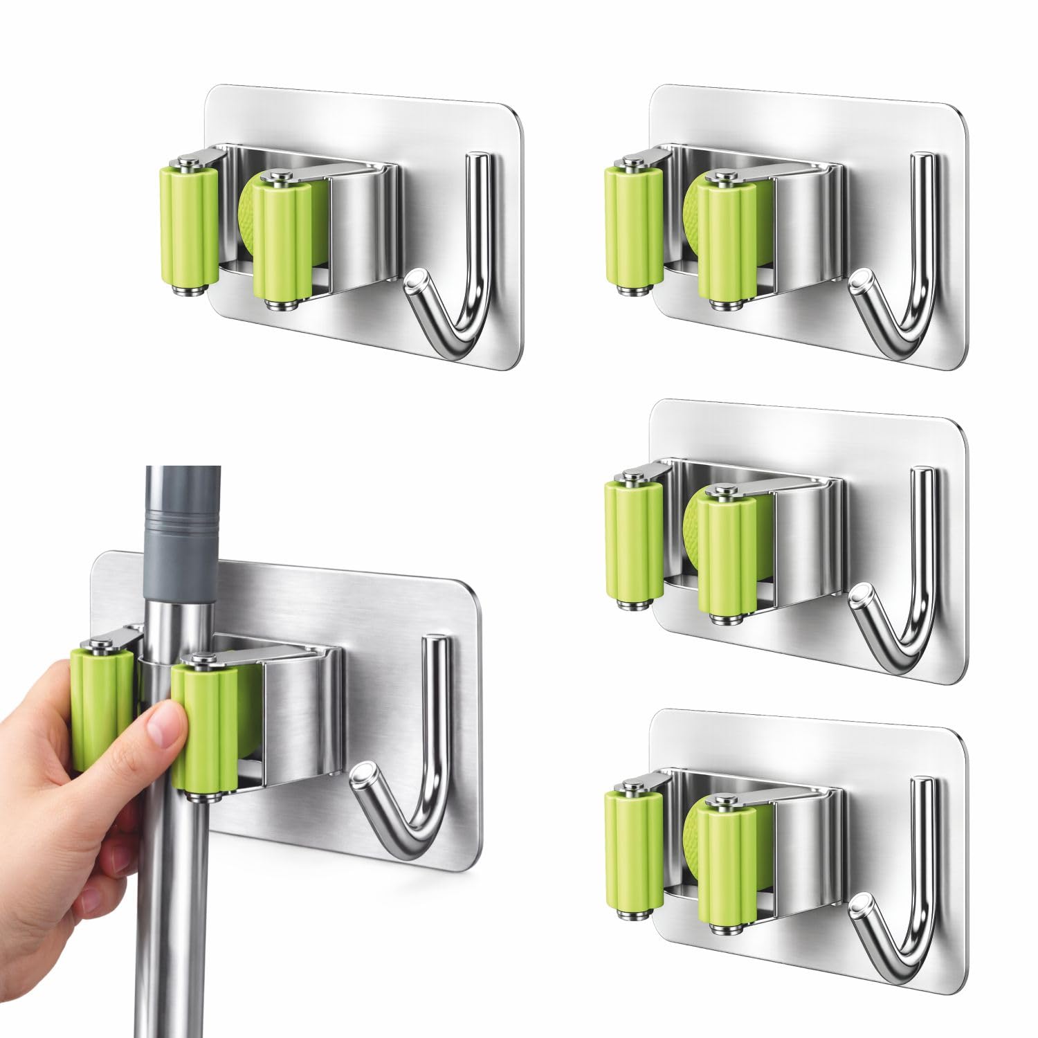 JIALTO 4 Pcs Adhesive Mop Holder and Broom Holder Wall Mounted Stainless Steel | Heavy Duty Mop & Broom Organizer with Hooks | Adhesive Storage Rack for Kitchen, Bathroom Green - 4 Pcs