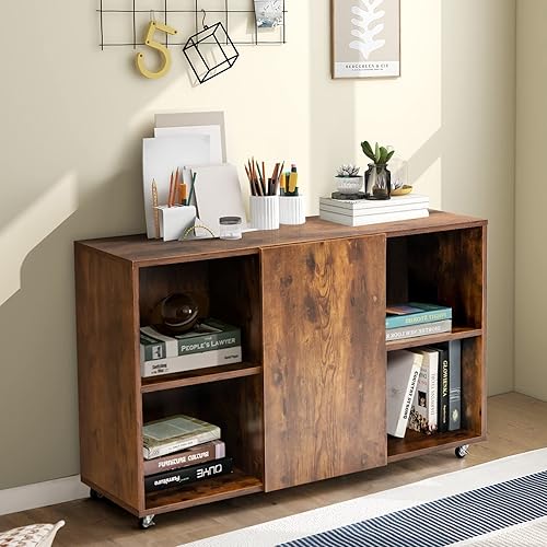 Miniatura 13 de Tangkula Estantería de madera con ruedas, gabinete de almacenamiento móvil con 6 cubos, soporte de impresora con estante abierto, archivador lateral