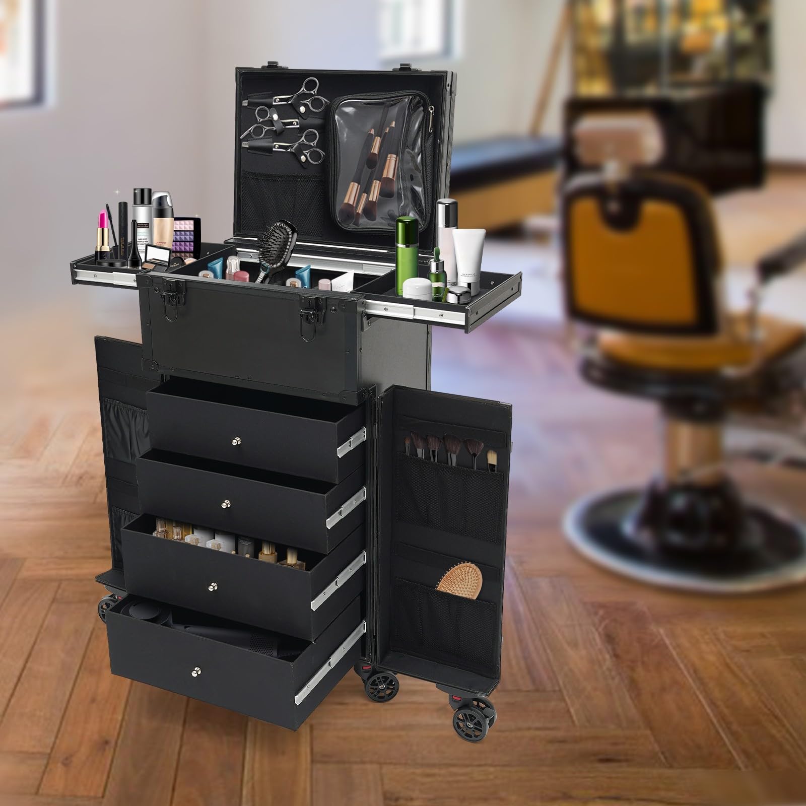 Makeup Koffer Kosmetikkoffer Schminkkoffer Groß Visagistenkoffer Beautycase Beauty Koffer für Make-up Artist Friseurkoffer Aluminiumlegierung mit 6 Universalrädern 4 Schlüsseln