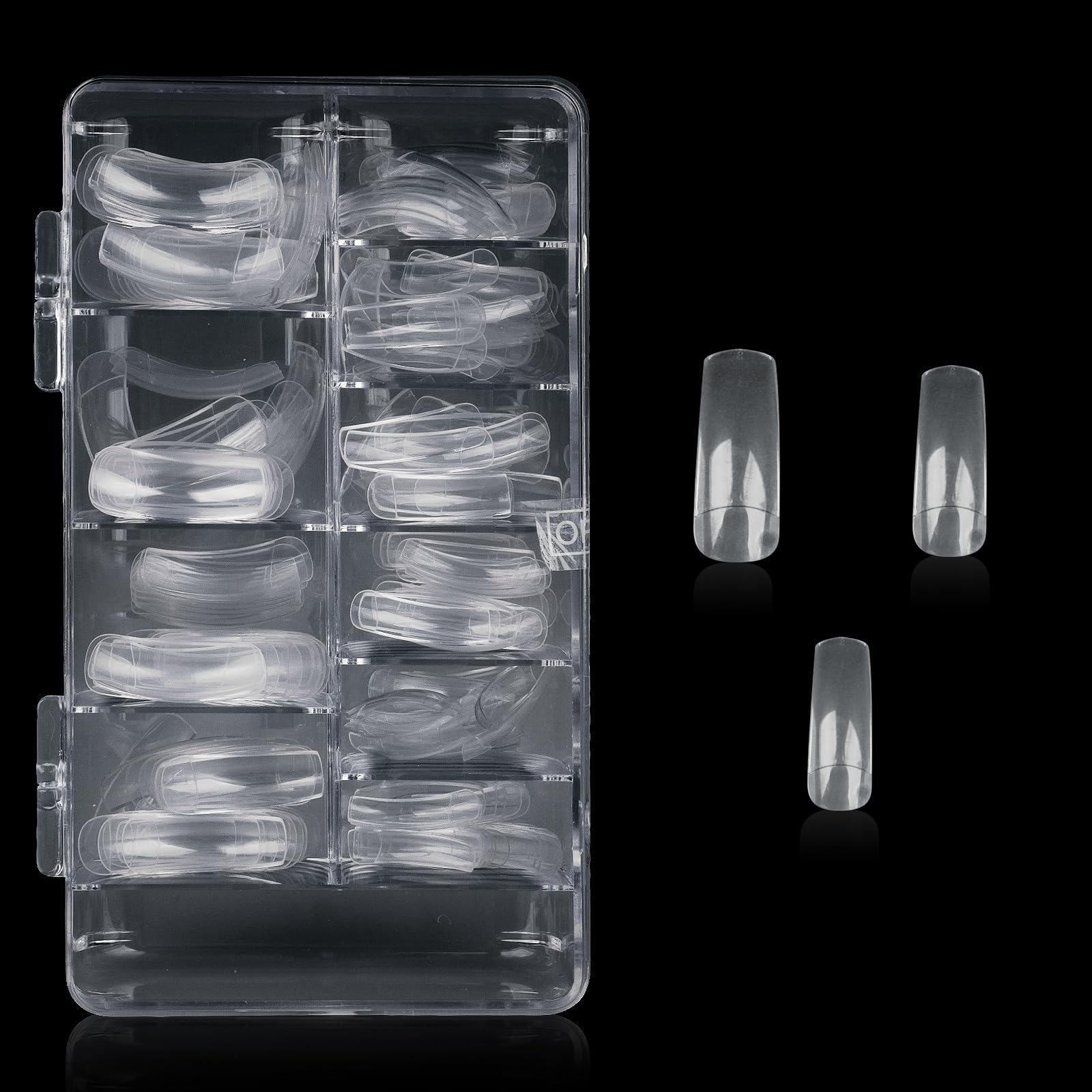 Clear Acrylic Nail Tips, 200pcs False Nails for Salons and DIY Nail Art or Silicone Nail Practice Hands, 10 Sizes