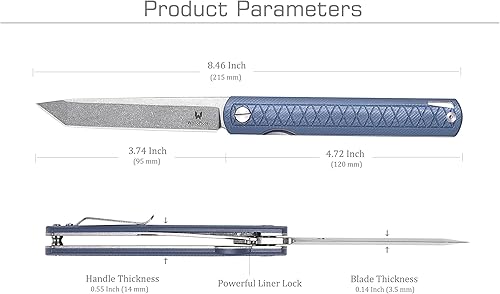 Miniatura 6 de WALLOPTON Cuchillo plegable de bolsillo, acero CPM-S35VN de 0.16 pulgadas de grosor, mango delgado G10 azul cielo con rompecristales, fácil de