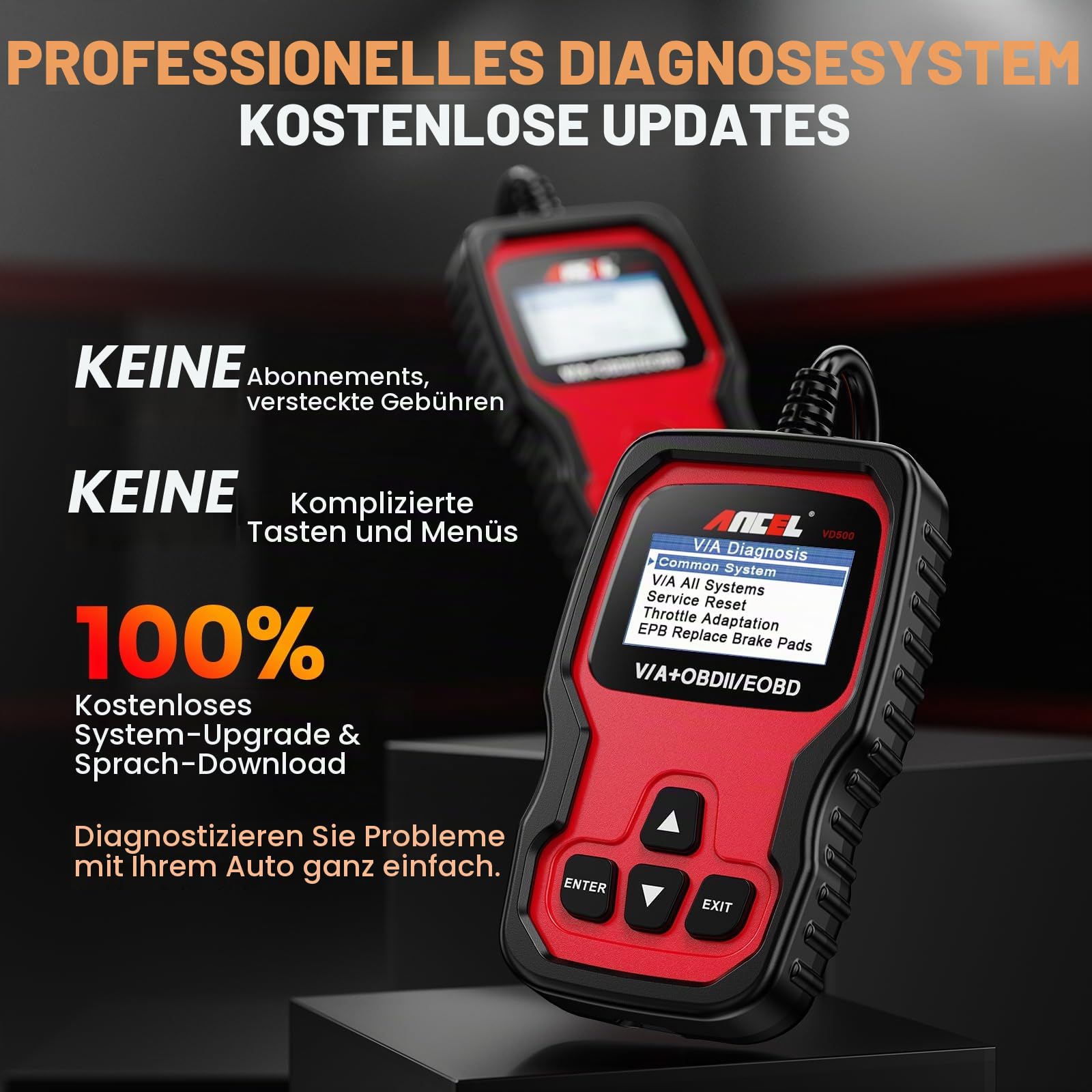 ANCEL VD500 OBD2 Diagnosegerät für VW/für Audi/für Skoda/für Seat, Fehlercodes Auslesen und Löschen Motor EPB ABS SRS OBD Öl TPS Zurücksetzen Reset Tool in Deutsch