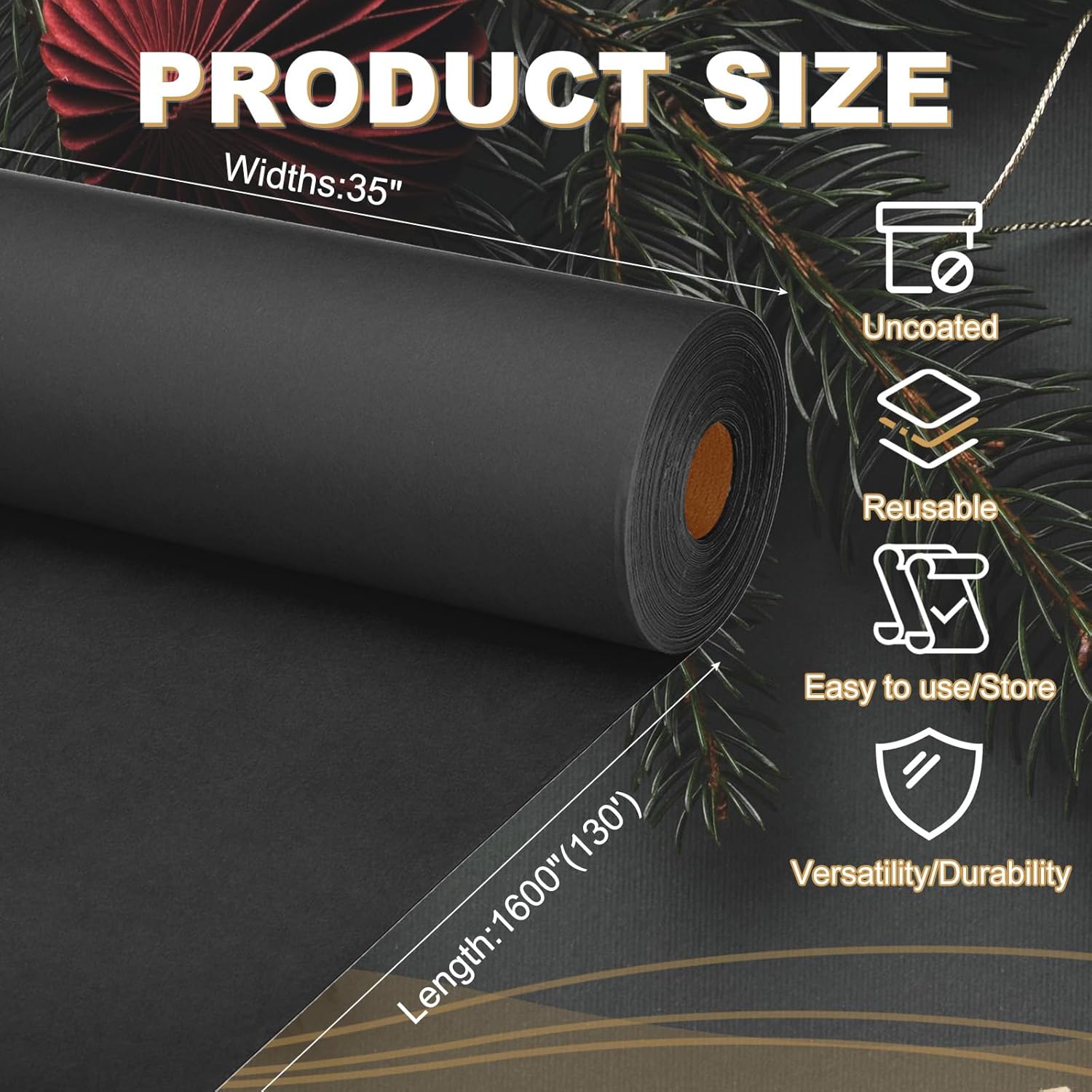 PATIKIL Wrapping Paper, 35"x1600"(130') Bulletin Board Paper Roll Kraft Paper Roll Construction 80GSM for Shipping Packing Gift Wrapping Craft Flower Bouquet Christmas, Black