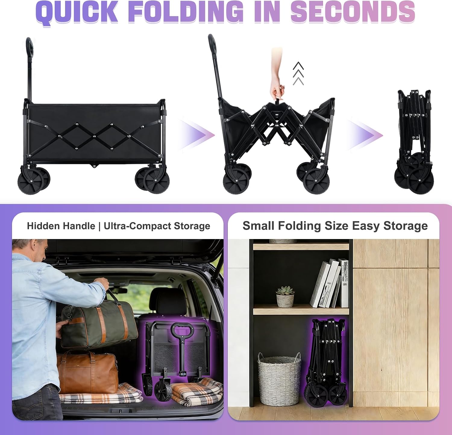Collapsible Folding Wagon Cart with Wheel - 100KG Foldable Wagon Carts with 360° Rotatable & All Terrain Wheels, Portable Lightweight Wagon Cart for Sports/Camping/Fishing/Gardening