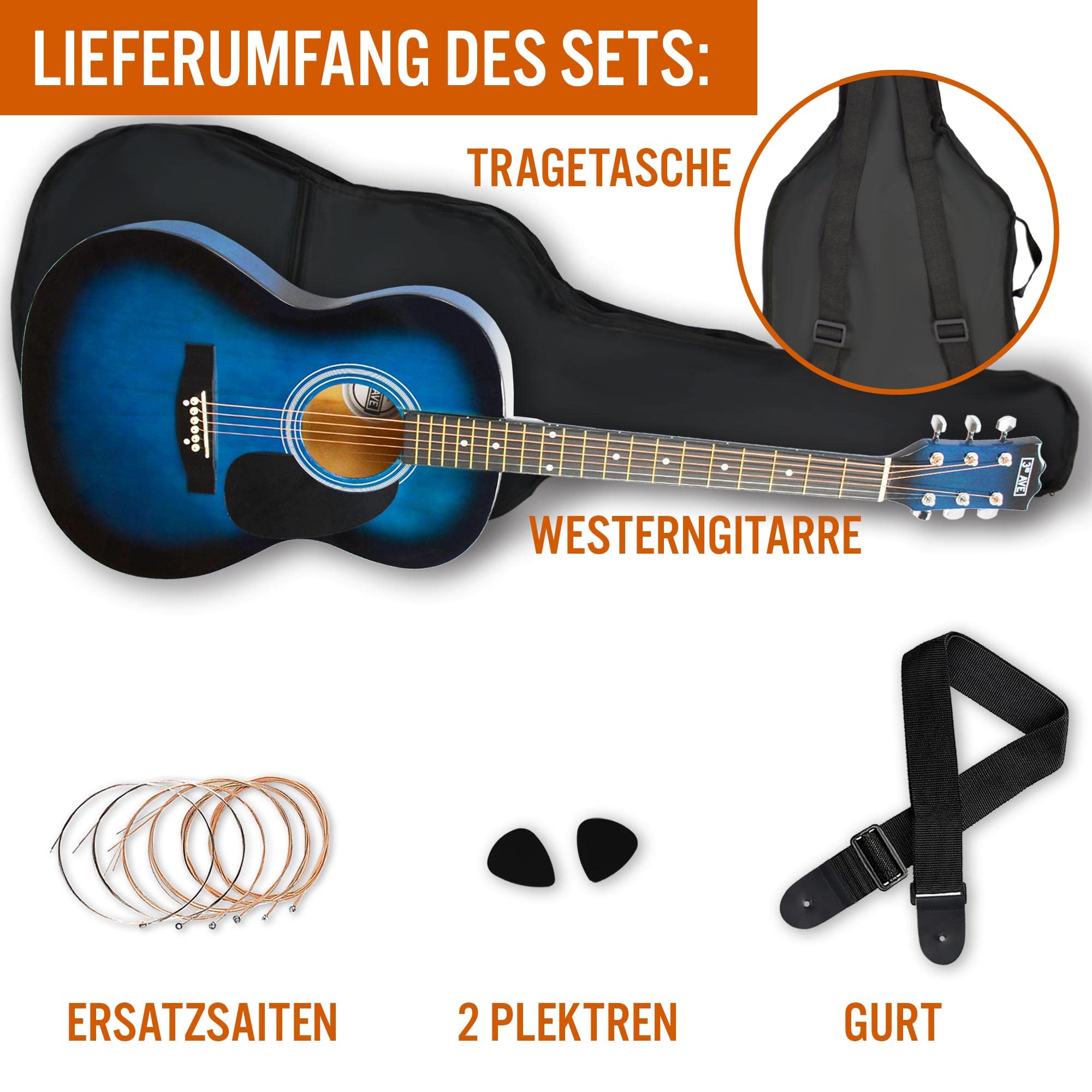 3rd Avenue 4/4 Westerngitarren-Set in Normalgröße mit Stahlsaiten, für Anfänger – 6 Monate KOSTENLOSER Unterricht, Tasche, Plektren und Ersatzsaiten – in Blau
