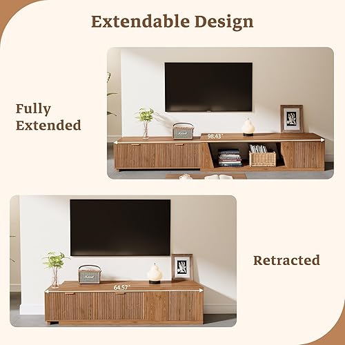 Miniatura 3 de Soporte de TV extensible con armario de almacenamiento extra largo, consola grande de madera para TV, soportes de televisión estriados con estante