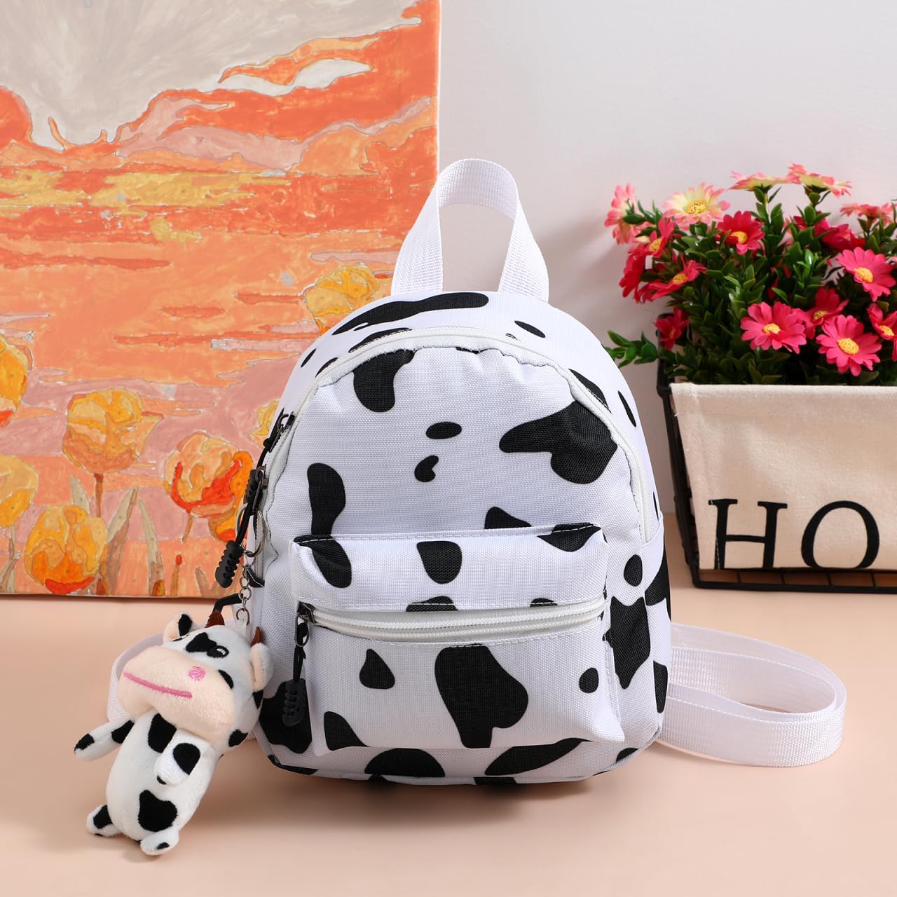 Cow Print Canvas Shoulder Bag for Women and Girls Lightweight 9.05X7.48X5.51In Student Backpack with Multiple Pockets for Travel and Daily Use - Image 9