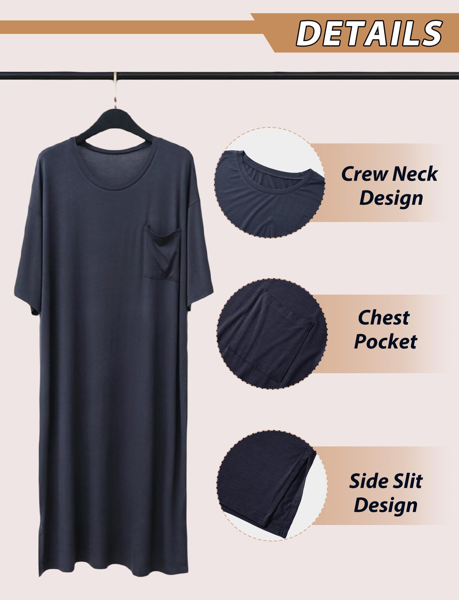 FEOYA Chemise de nuit pour homme à manches courtes et col rond - Longueur genou - Chemise de nuit douce pour homme - Chemise de nuit d'été à manches courtes - Vêtements de nuit amples et respirants