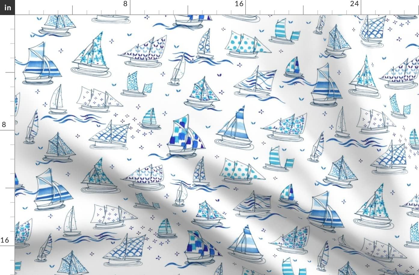 Spoonflower Fabric - Sailboat Chinoiserie Chinese Watercolor Nautical Boats Blue Beach Sea Printed on Polartec(R) Fleece Fabric by The Yard - Sewing Blankets Loungewear and No-Sew