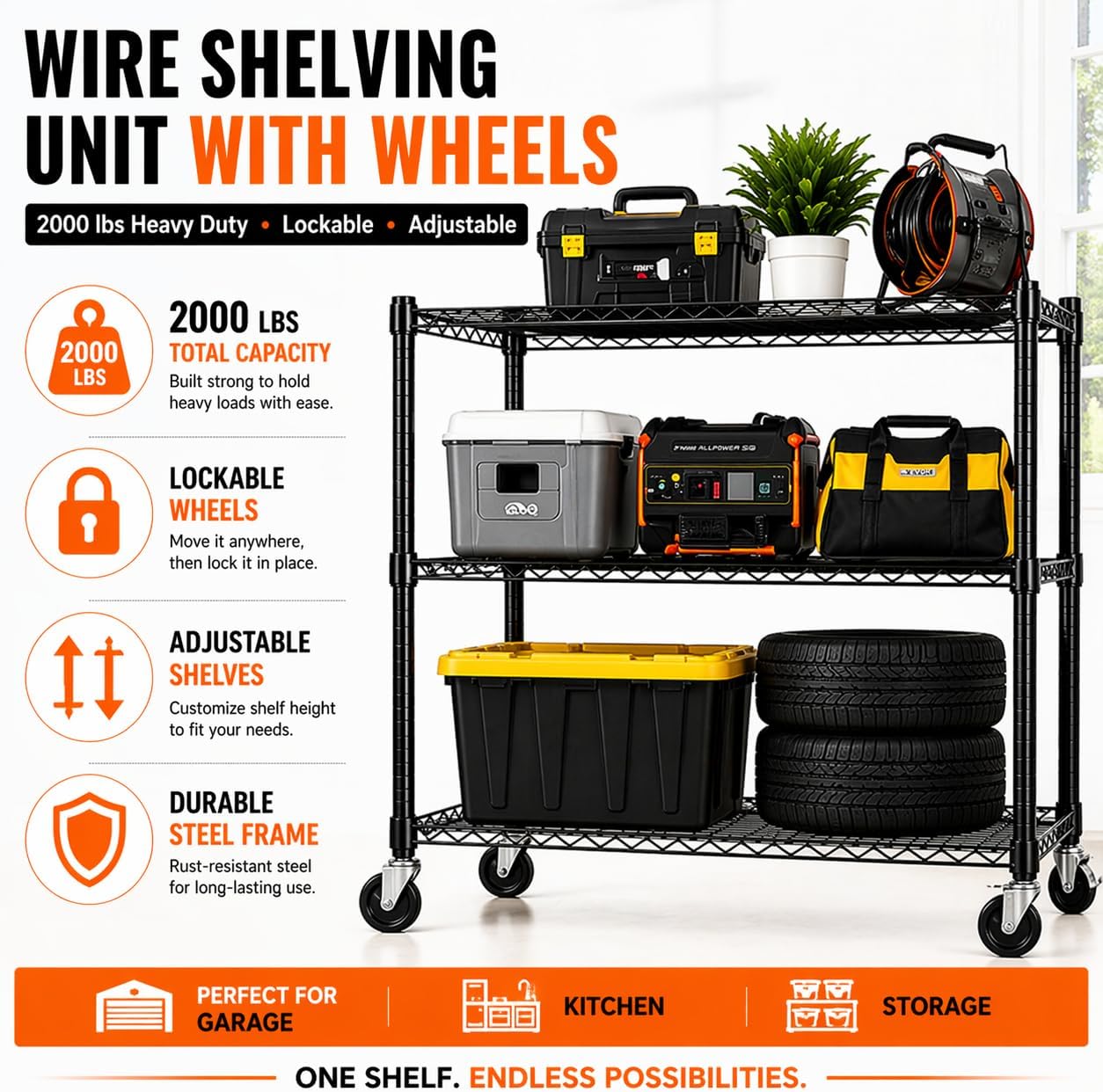 3 Tier Wire Shelving Unit with Wheels, Heavy Duty Metal Storage Rack 39.37”H, Adjustable Rolling Shelves with Lockable Casters, Garage Kitchen Pantry Organizer, 350 LBS per Shelf