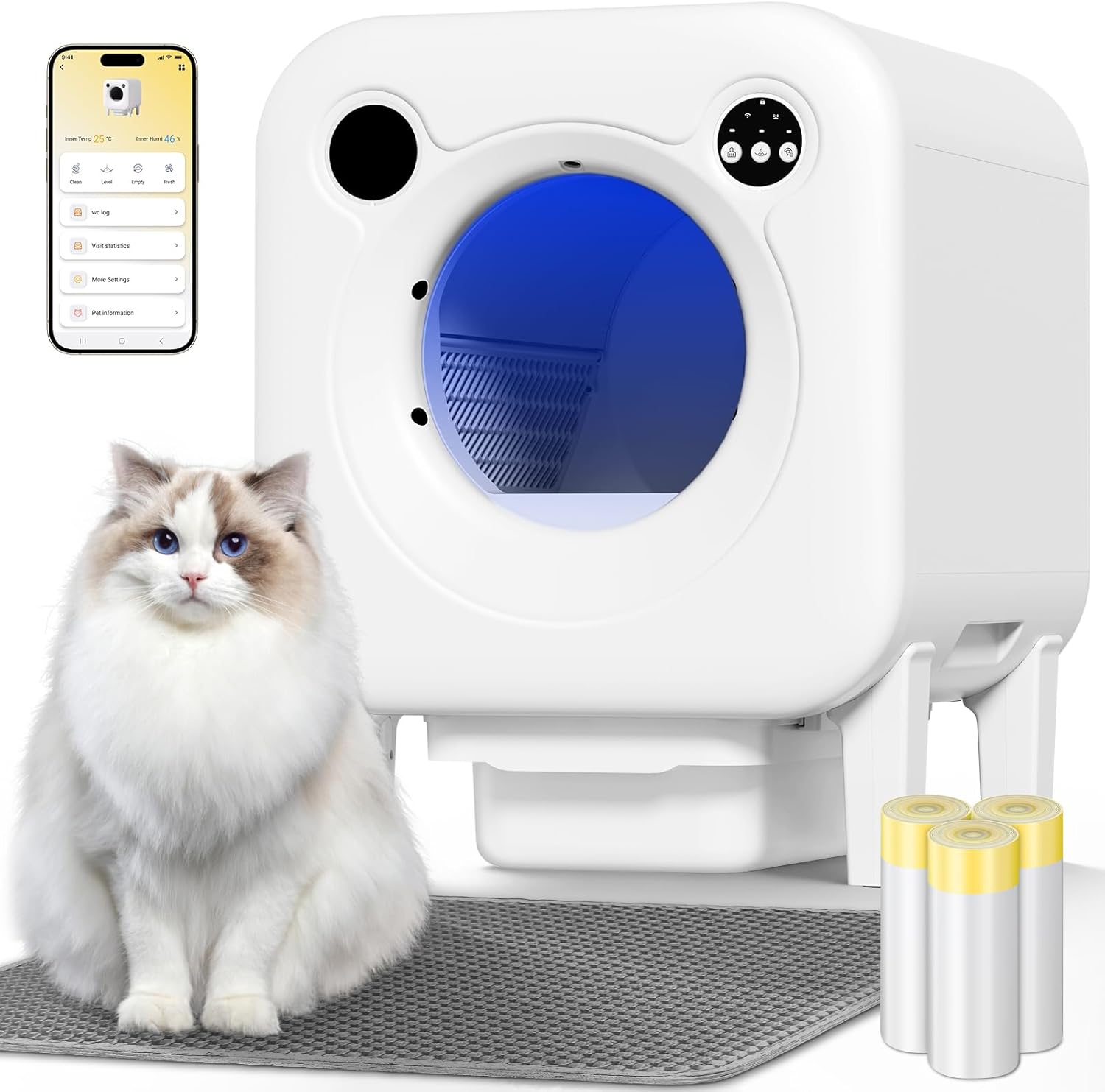 Automatic Litter Box, 4 in 1 Security-System Self Cleaning Litter Box Robot, 75L+12L Extra Large Space for Multiple Cats, APP Control, 1 Free Cat Litter-Mat, 3 Rolls Cats Waste Bag Liners