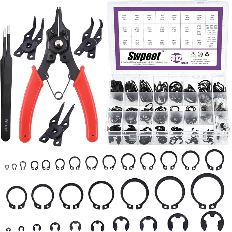 Swpeet 312Pcs 4 in 1 Snap Ring Pliers with Alloy Steel M4-M28mm C-clip External Retaining Rings Snap Rings and 1.5mm-10mm E-clips Retaining Rings Assortment Kit, Included Tweezer for Pin Clips Repair