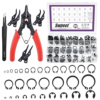 Swpeet 312Pcs 4 in 1 Snap Ring Pliers with Alloy Steel M4-M28mm C-clip External Retaining Rings Snap Rings and 1.5mm-10mm E-clips Retaining Rings Assortment Kit, Included Tweezer for Pin Clips Repair