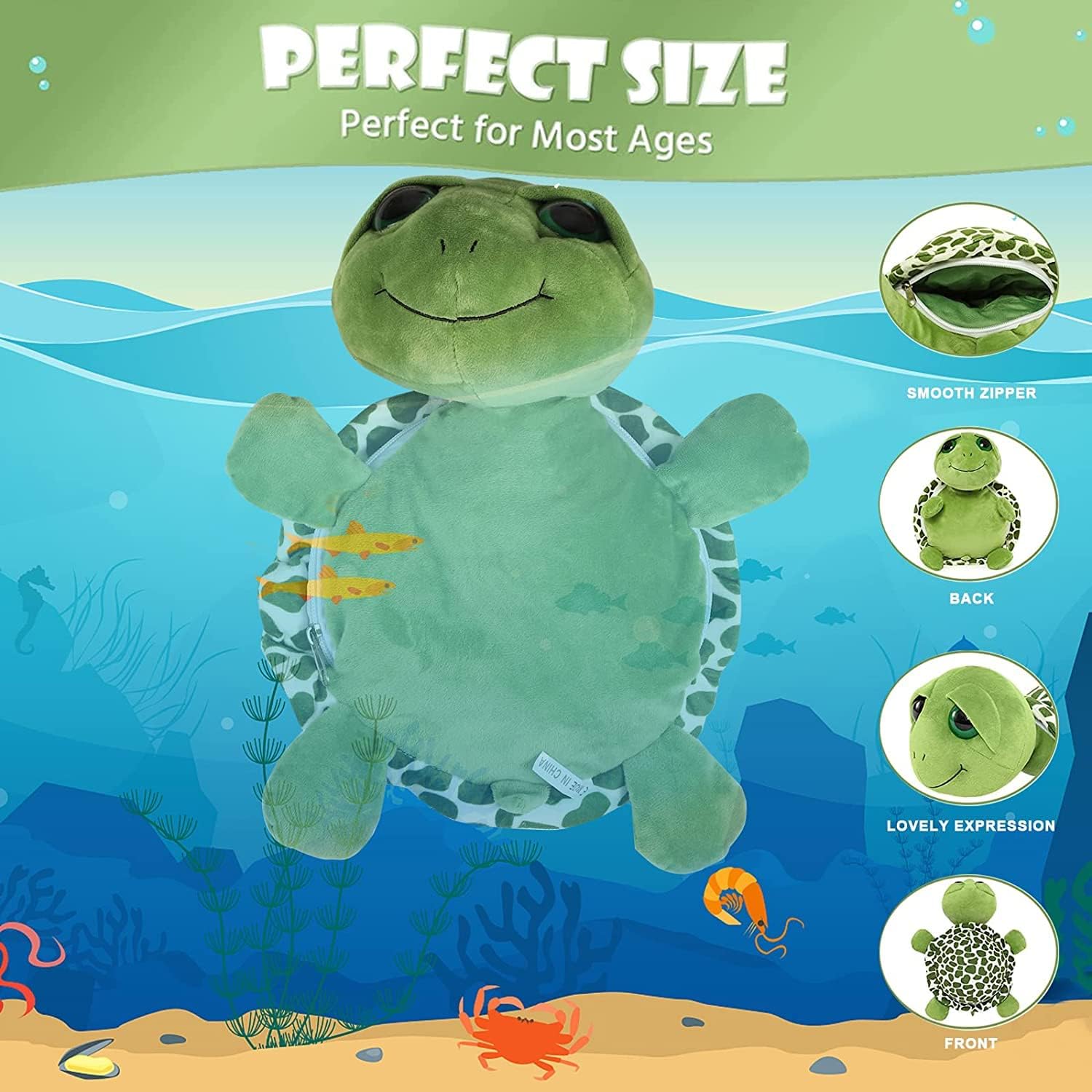 14'' Mama Sea Turtle Plush with Zipper Belly - Includes 3 Baby Turtles & 3 Eggs, Super Soft Stuffed Animal Toy for Kids, Kawaii Cute Sea Turtle Plush Toy Educational Ocean-Themed Gift for Toddlers