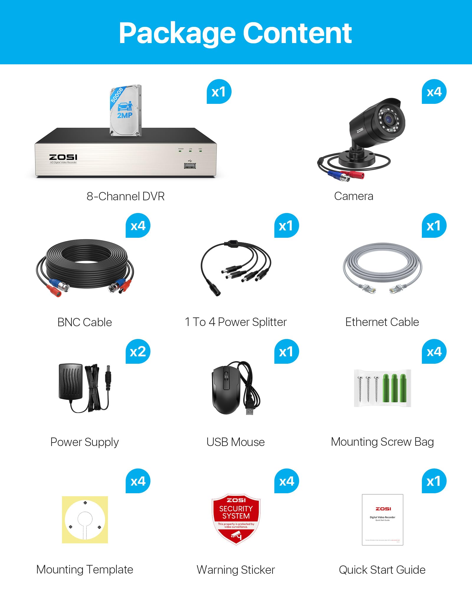 ZOSI 1080P Aussen Überwachungskamera Set mit Kabel, 8CH 500GB DVR und 4 Außen 1080P Verkabelt Video Sicherheitskameras, Personen- und Fahrzeugerkennung, IP66 Wasserdicht, IR Nachtsicht