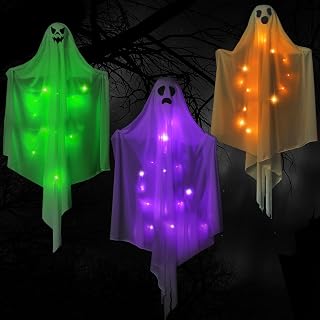 3 Pcs 47.2 Inch Jumbo Halloween Hanging Light up Ghost Decor White Hanging Ghosts Halloween Decor Ghost Hanging Decorations with Spooky LED Light for Outdoor Indoor Yard Garden (Green, Orange, Purple)