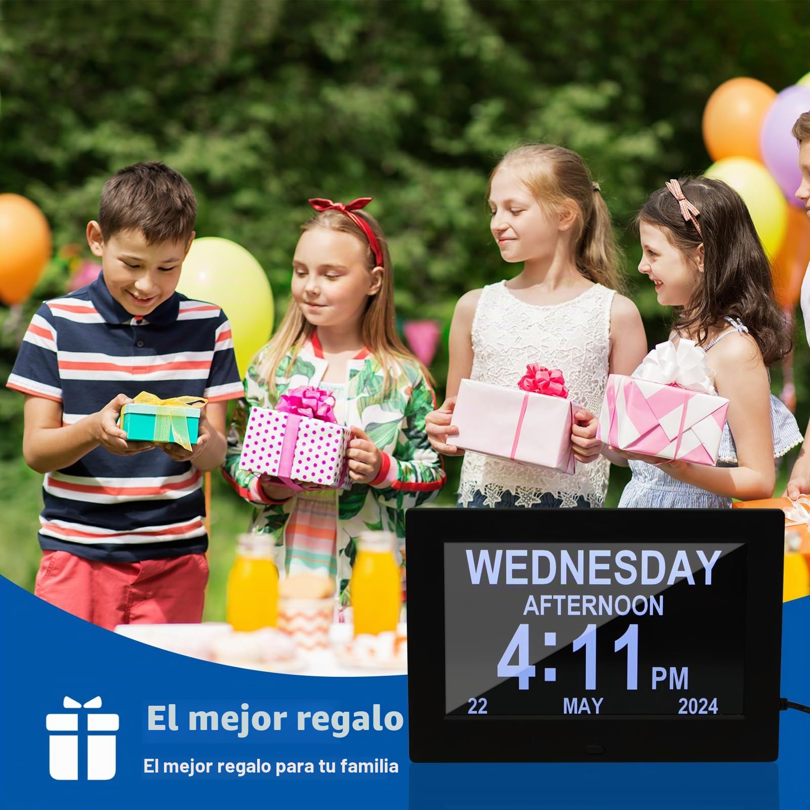 ALLOMN Gran reloj digital con calendario de día, reloj de 7 pulgadas con día y fecha para personas mayores, reloj de Alzheimer con 12 opciones de alarma para personas mayores, personas con