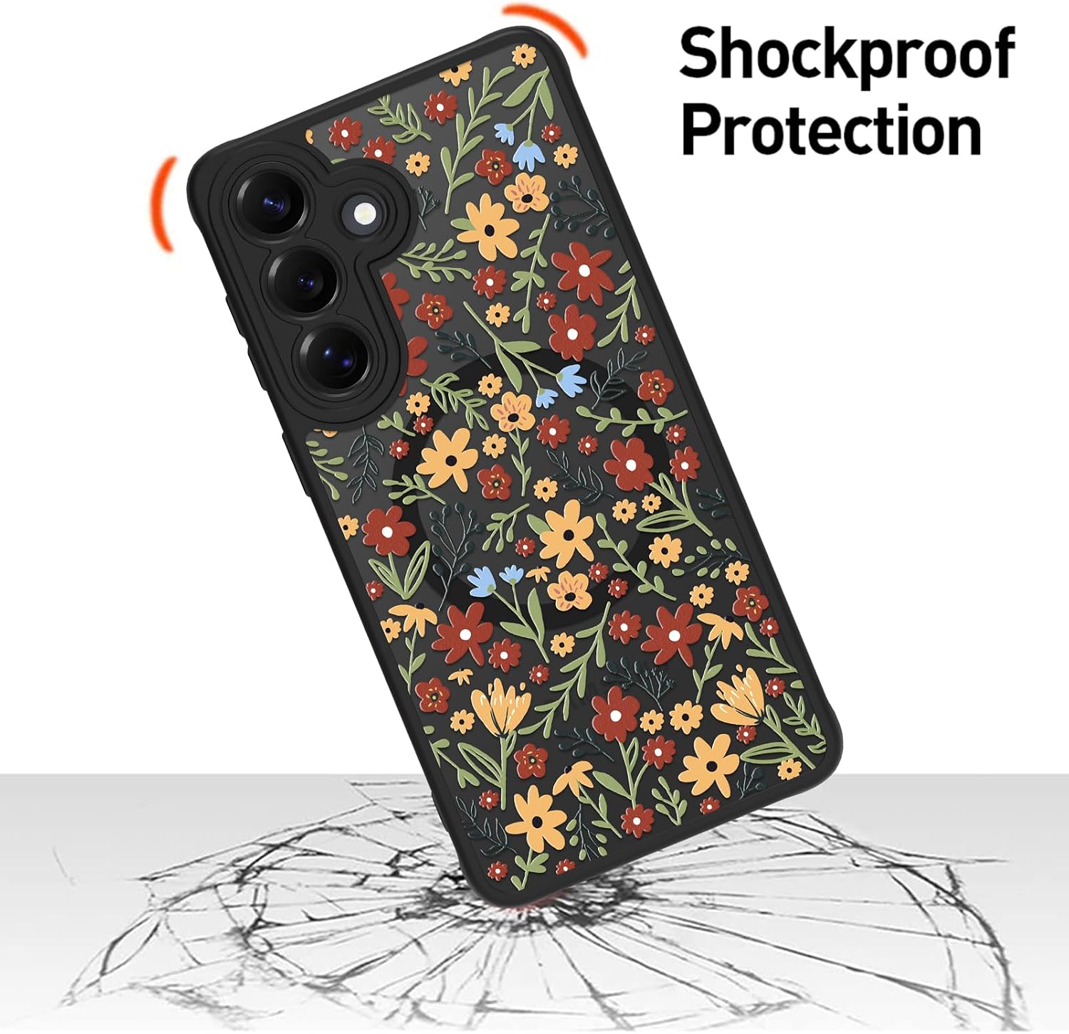 MZELQ Magnetic Case for Samsung Galaxy S26, Red Orange Floral Flower [Compatible with Magsafe Charging] Translucent Matte Hard Shockproof Camera Protection Cover for Women Men, Frosted Black