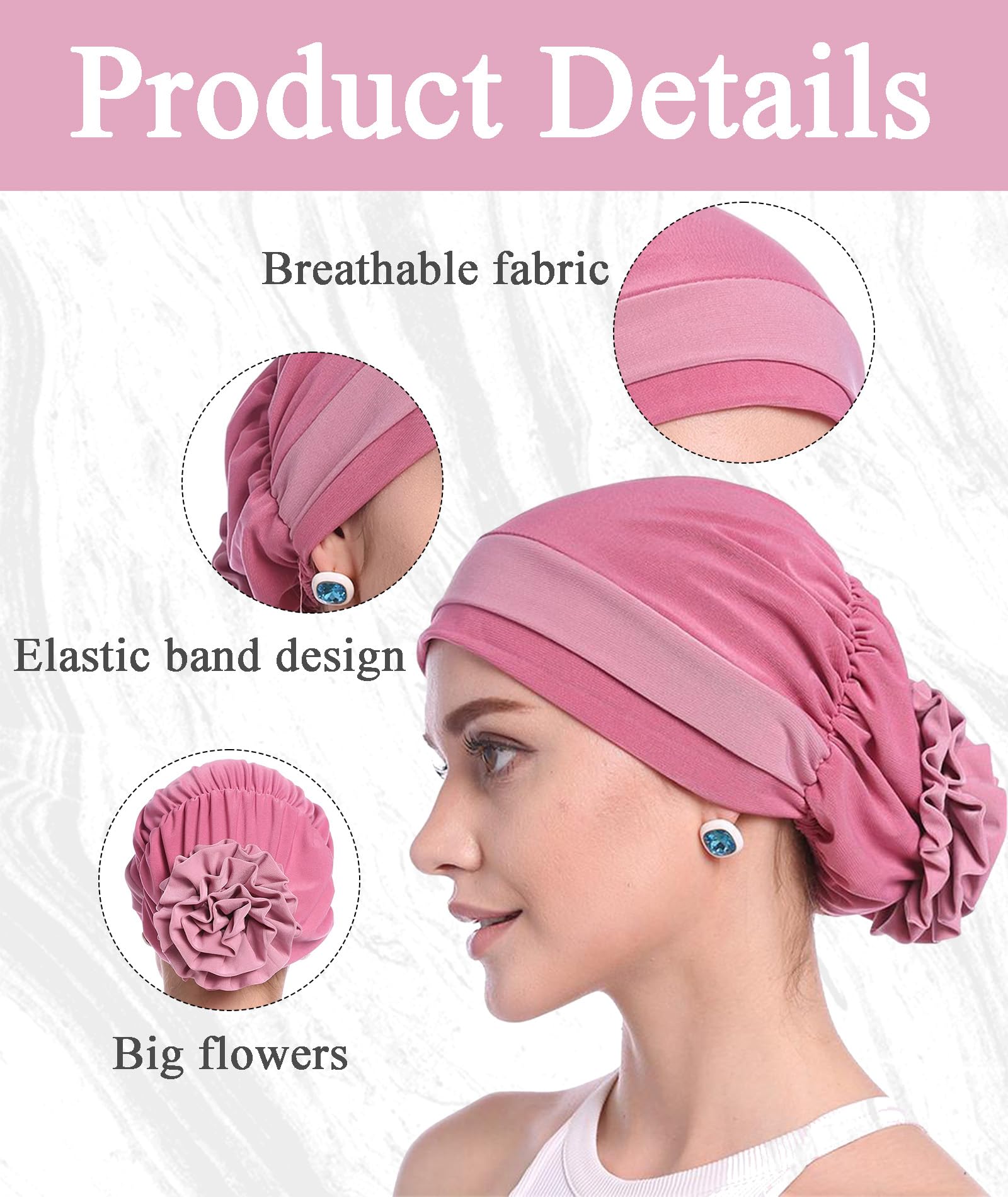 NHCDFA Chemo Caps for Women, Hijab Caps for Women Cotton Stretchy Turban Cap for Flower Headwear Head Wrap Ladies Skull Cap for Cancer Beanie Hat Head Covering Pink 4