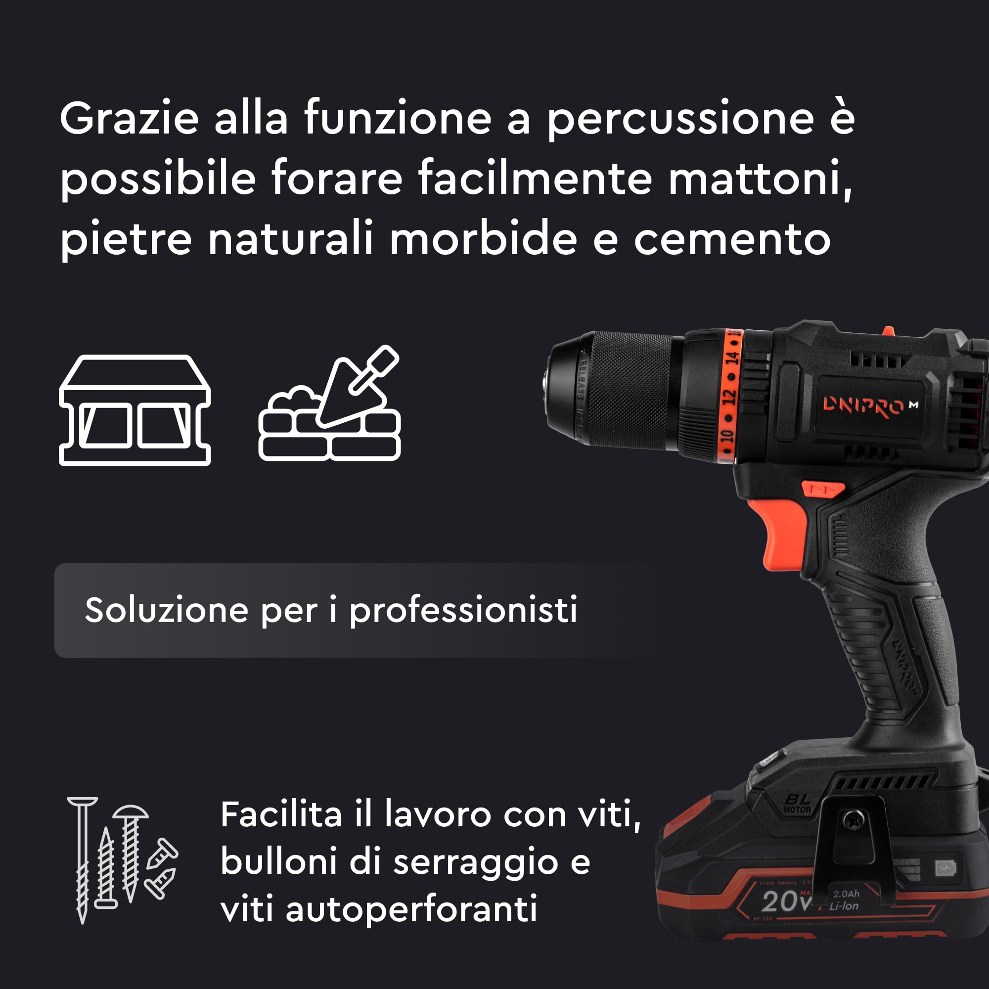 Dnipro-M Trapano Avvitatore Batteria Brushless a Percussione CD-201HBC Compact Professionale, 45 Nm, 2x Batterie Ricaricabile 20V 2Ah Li-Ion, Caricatore Rapido Mandrino 13mm, Set 41 Punte e Valigetta