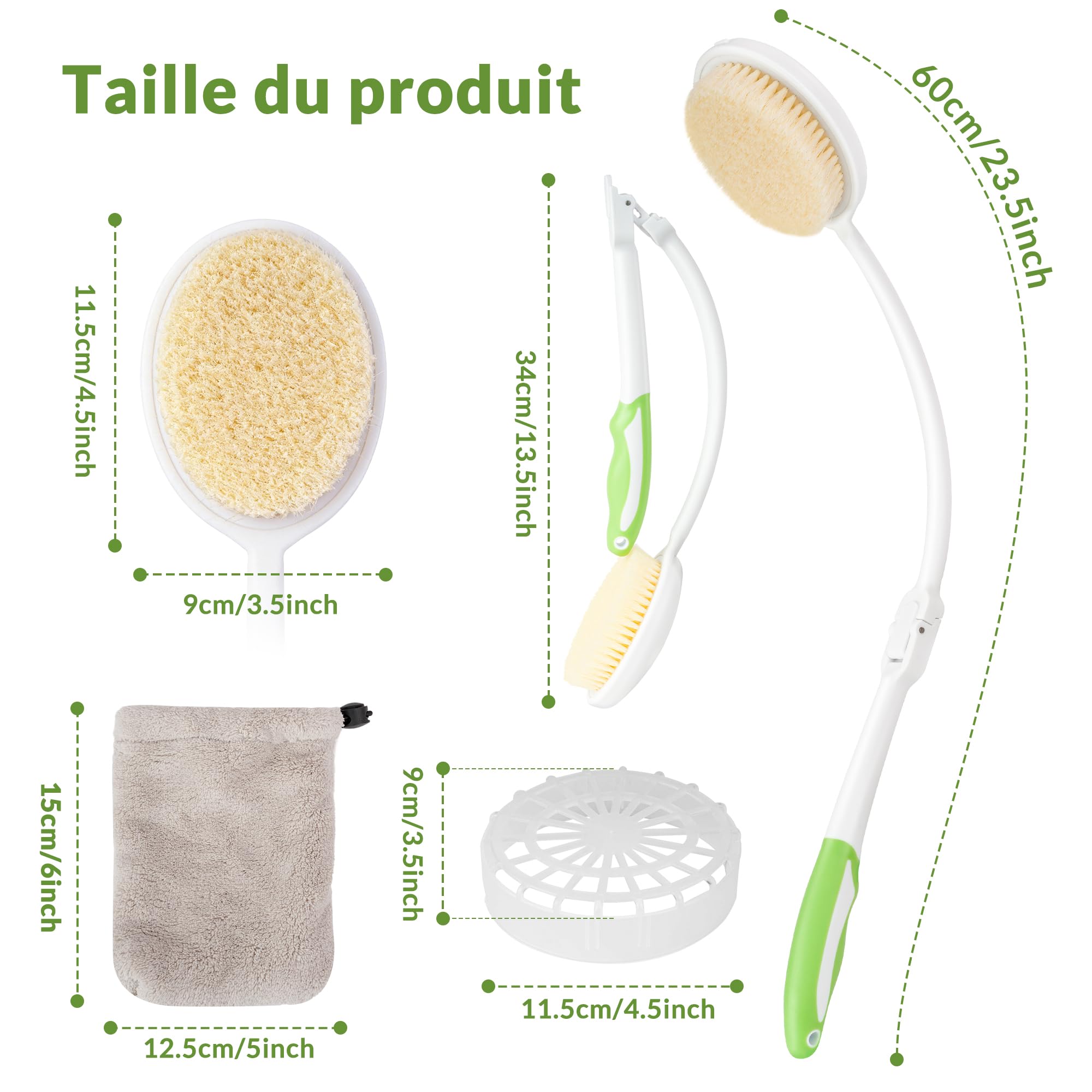 Brosse Dos Douche Pliable à Long Manche – Brosse pour le Dos Douches avec Poils Souples et Serviette Incluse, Brosses Douche Dos Ergonomique pour Nettoyage Corps Entier