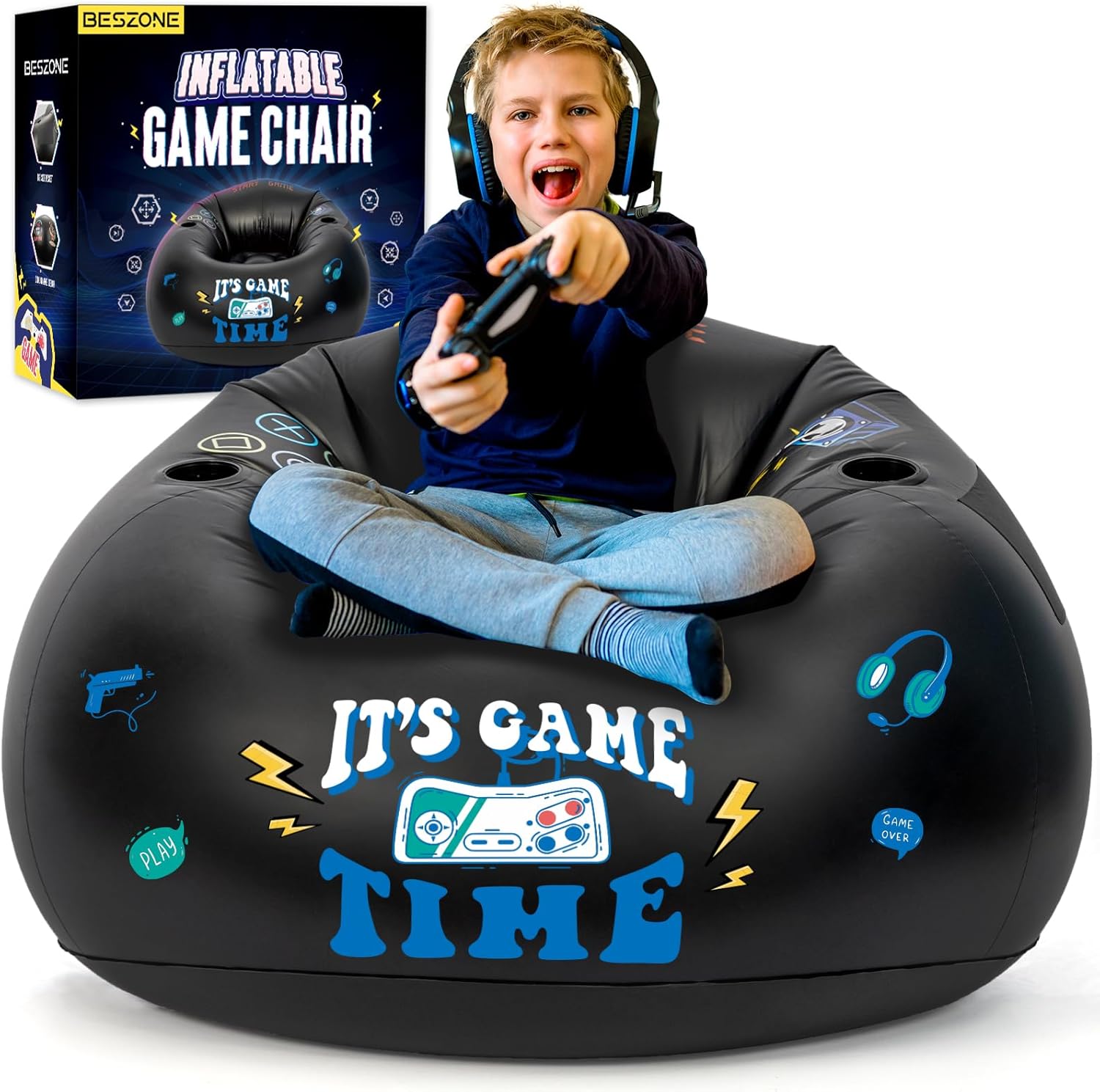 Inflatable Gaming Chair for Kids, Floor Bean Bag Chair for Teens - Boys Room Furniture with Cup Holder and Side Pocket, Inflatable Gaming Couch for Boys Room, Cool Kids Blow Up Couch Decor for Teens