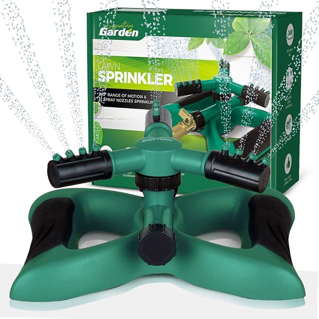 Signature Garden Lawn Degree Rotation, Connect Multiple Large C 3 Arm Water Garden Sprinkler, 12 Built-in Spray Nozzles | Easy Attachment to Garden Hose | Grass Sprinkler, Gardening Irrigation System