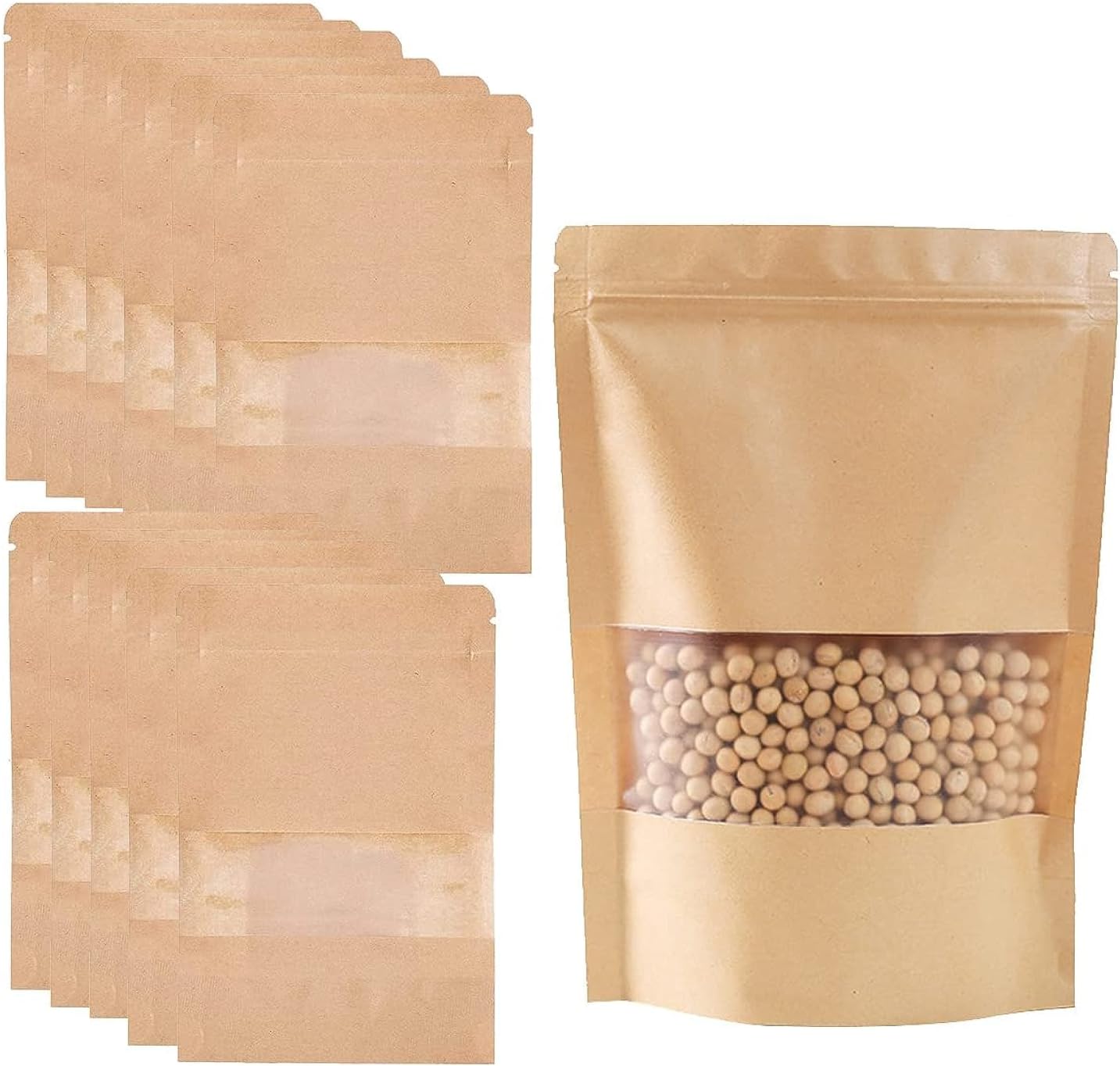 20Pcs Kraft Bags with Transparent Window Multipurpose Stand Up Pouches Ziplock Seal Storage Bags for Small Business Family Packing (15X22cm)