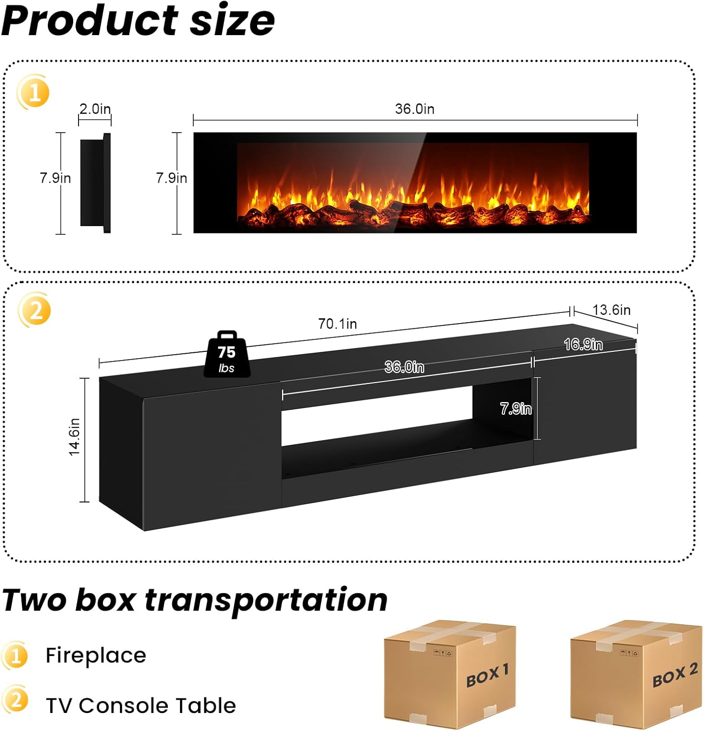 70'' Floating TV Stand with Fireplace, Wall Mounted Fireplace Entertainment Center with Storage for TVs Up to 80", High Gloss TV Cabinet for Living Room, No Heat Log Fireplace, Black