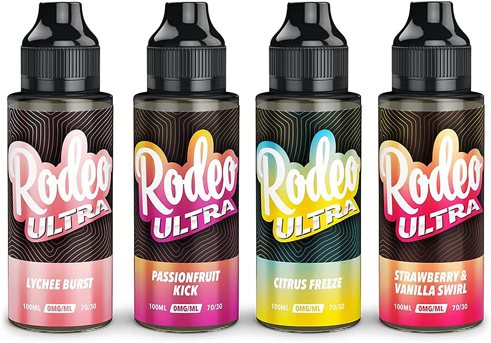 RODEOUltra Vape Liquid 4 x 100ml Lychee Burst + Passion Fruit Kick + Citrus Freeze + Strawbernilla Swoosh Vape Juice E Liquid 70/30 Flavoured Ecig Juice E Cigarette Nicotine Free Sub Ohm Short Fill