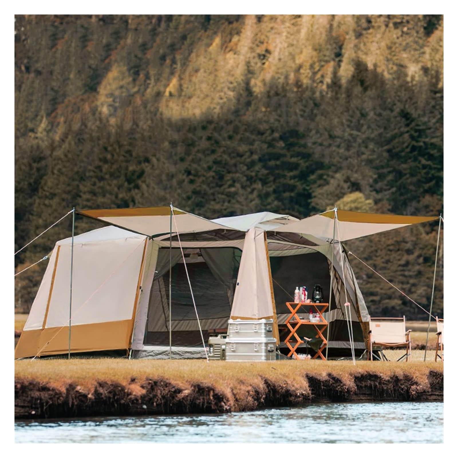 Außenzelt, 435 x 285 x 195 cm, großes Campingzelt, Außenhaus, Zwei Zimmer und EIN Wohnzimmer, großer Raum für 4–8 Personen, automatisches