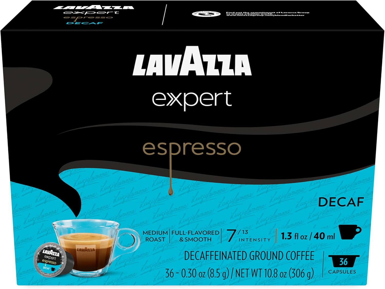 Lavazza Expert Espresso Decaf Capsules, Medium Roast, Arabica and Robusta Blend, Compatible with Lavazza Classy Machines (36 Capsules)
