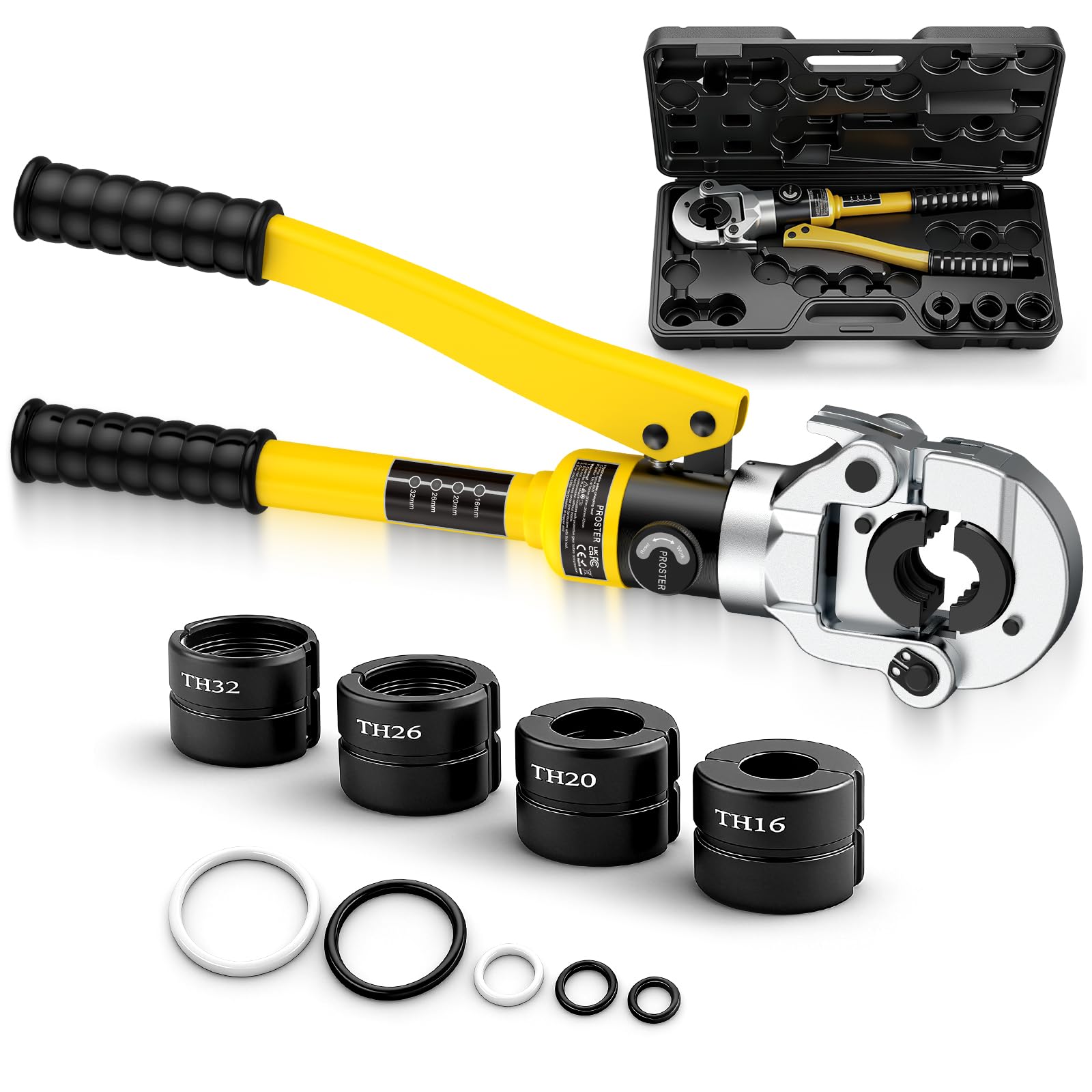 Proster Alicates de Prensado Hidráulicos 360° Herramienta de Prensado Hidráulica con 4 Matrices Tipo TH(TH16,TH20,TH26,TH32) para Tuberías Compuestas de Aluminio y Plástico, Tuberías PEX y Tuberías PB Global Recycled Standard Global Recycled Standard Global Recycled Standard