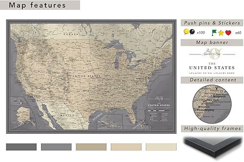 Miniatura 9 de Tablero enmarcado de mapa de pared de EE. UU. Mapa de viaje personalizado de EE. UU. con pasadores Mapa de Estados Unidos con pines para marcar