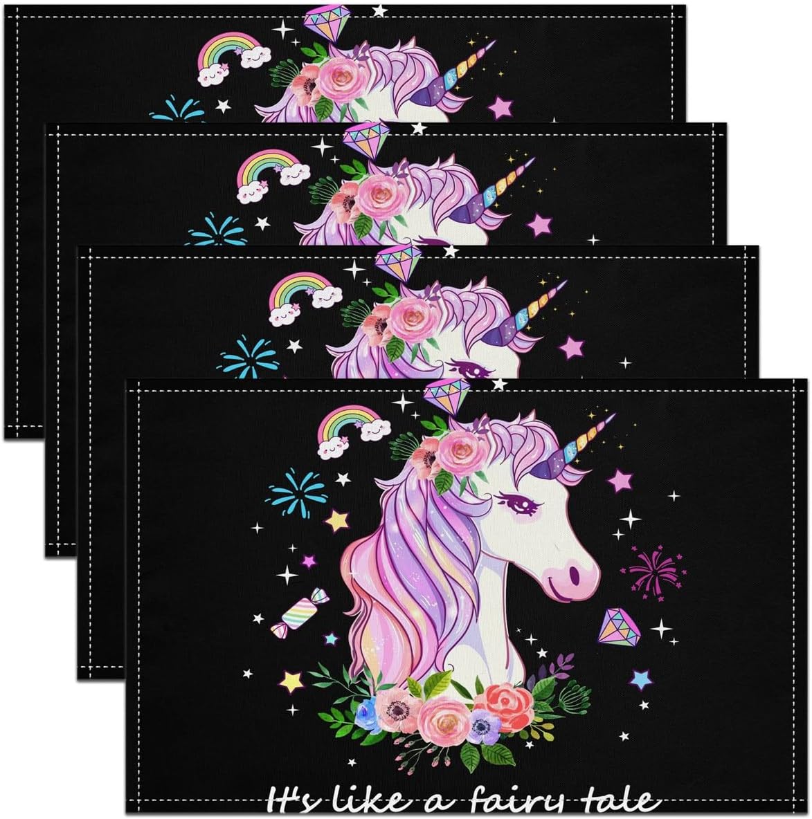 Set of 4 Kids Unicorn Place Mats for Child Teens Girls,Cartoon Unicorn Placemats,Colorful Magical Animal Table Mats,Rainbow Diamond Floral Waterproof Placemats,12x18 Inch Heat Resisting