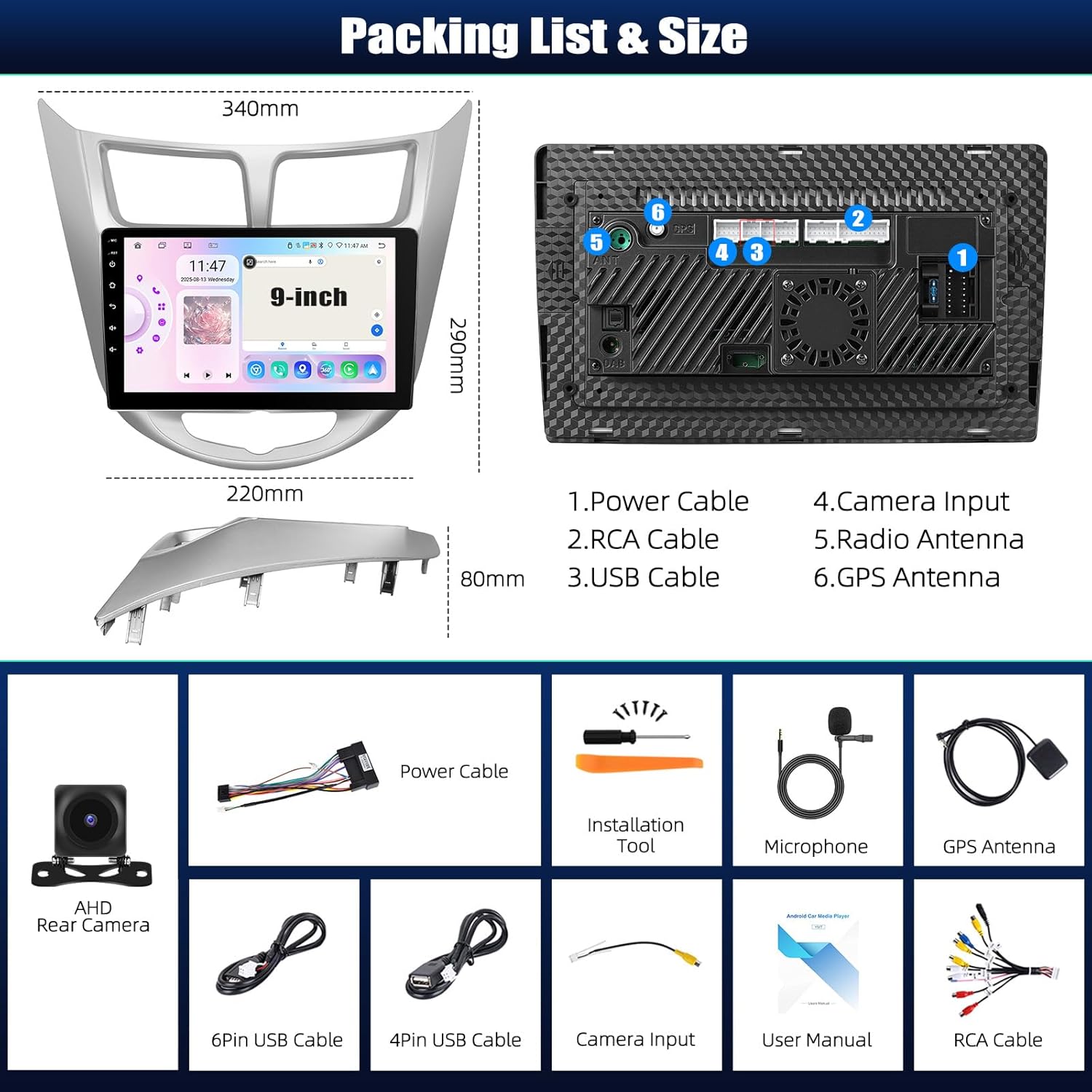 CAMECHO 8-Core 6+128GB Car Radio Stereo for Hyundai Accent Verna Solaris 2012-2016 Android 15 CarPlay Android Auto 9" 1280*720 Touch Screen Head Unit with Bluetooth 5.0 DSP 32EQ GPS FM Backup Camera