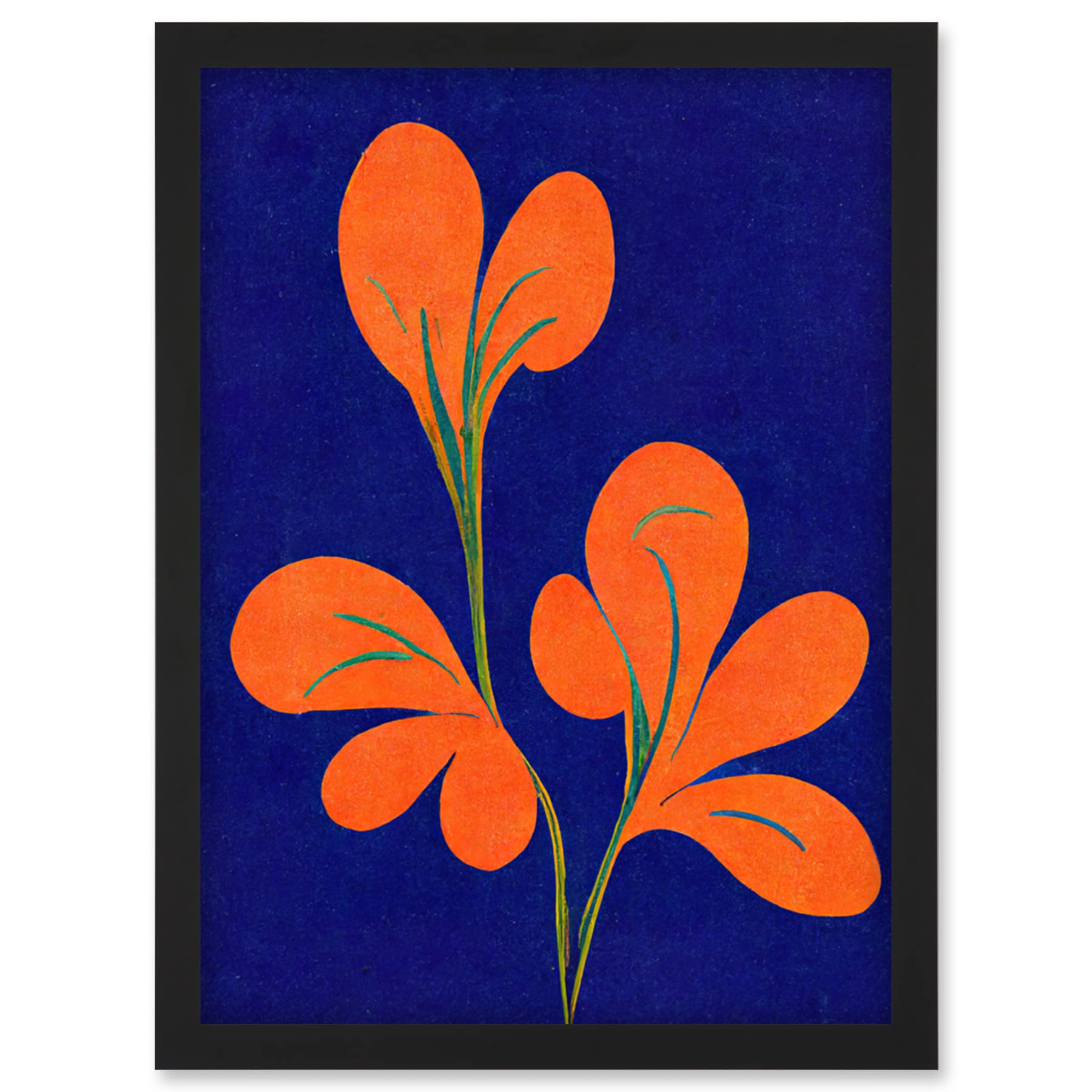 Doppelganger33 LTD Henri Matisse Inspired Bright Abstract Orange Flower Blooms On Royal Blue Artwork Framed Wall Art Print A4