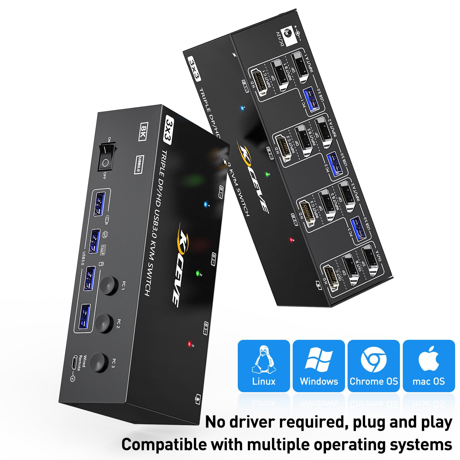 KVM Switch 3 Computer 3 monitory, KCEVE HDMI + DisplayPort USB 3.0 KVM, przełącznik 8K 30 Hz/4k 144 Hz, potrójny monitor KVM do 3 komputerów, 3 wyświetlaczy i 4 urządzeń USB 3.0