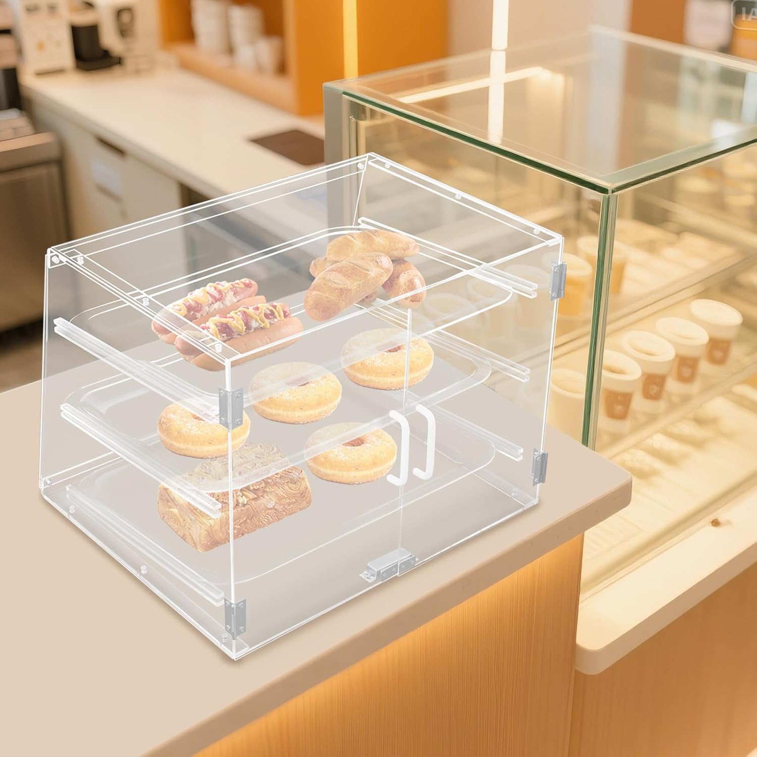 Acrylic Bakery Display Case, Countertop 3 Tier Pastry Display Case Tray, 17”D x 21”W x 15”H Clear Showcase for Bread Pastry Desserts Food Cookie, Commercial Display Box for Baking