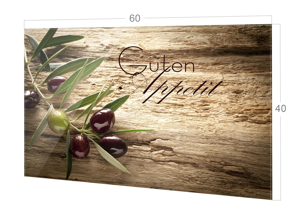 GRAZDesign Spritzschutz Glas für Küche, Herd Bild-Motiv Olivenzweig mit Schrift Küchenrückwand Küchenspiegel Glasrückwand Herdblende 4mm ESG Glas (60x40cm)