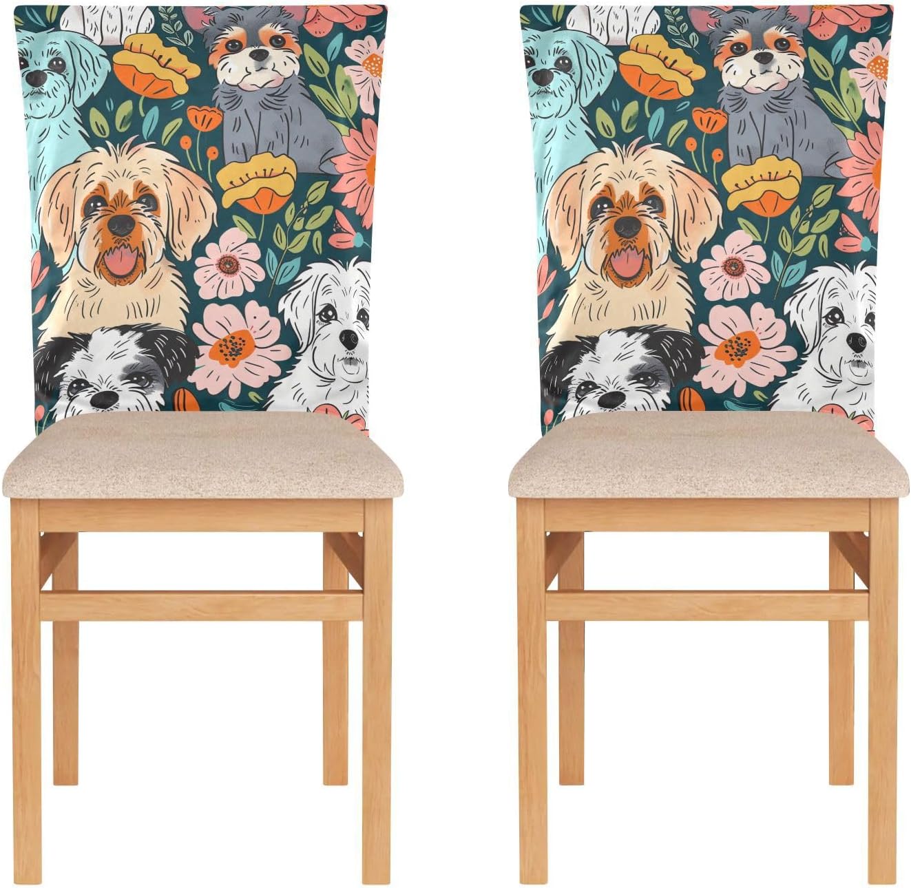 ALAZA Colorful Dogs Flowers Chair Back Cover Set of 6, Washable Reusable Removable Chair Slipcovers Decorative Chair Cover for Home Kitchen Wedding Party