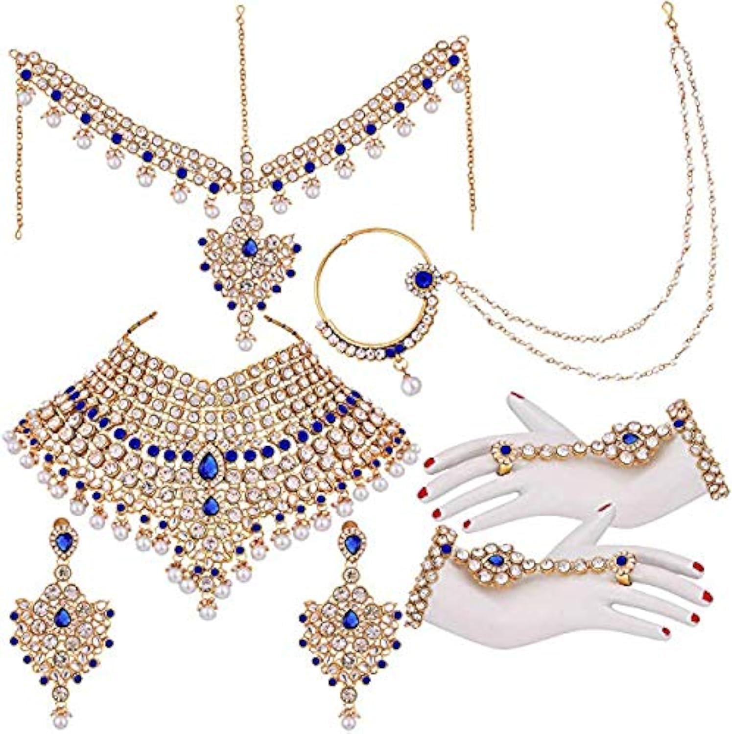 Aheli Classic Bollywood Style Indian Bridal Choker Necklace Matha Patti Nose Ring Haath Phool Wedding Fashion Jewelry Set for Women (Blue)