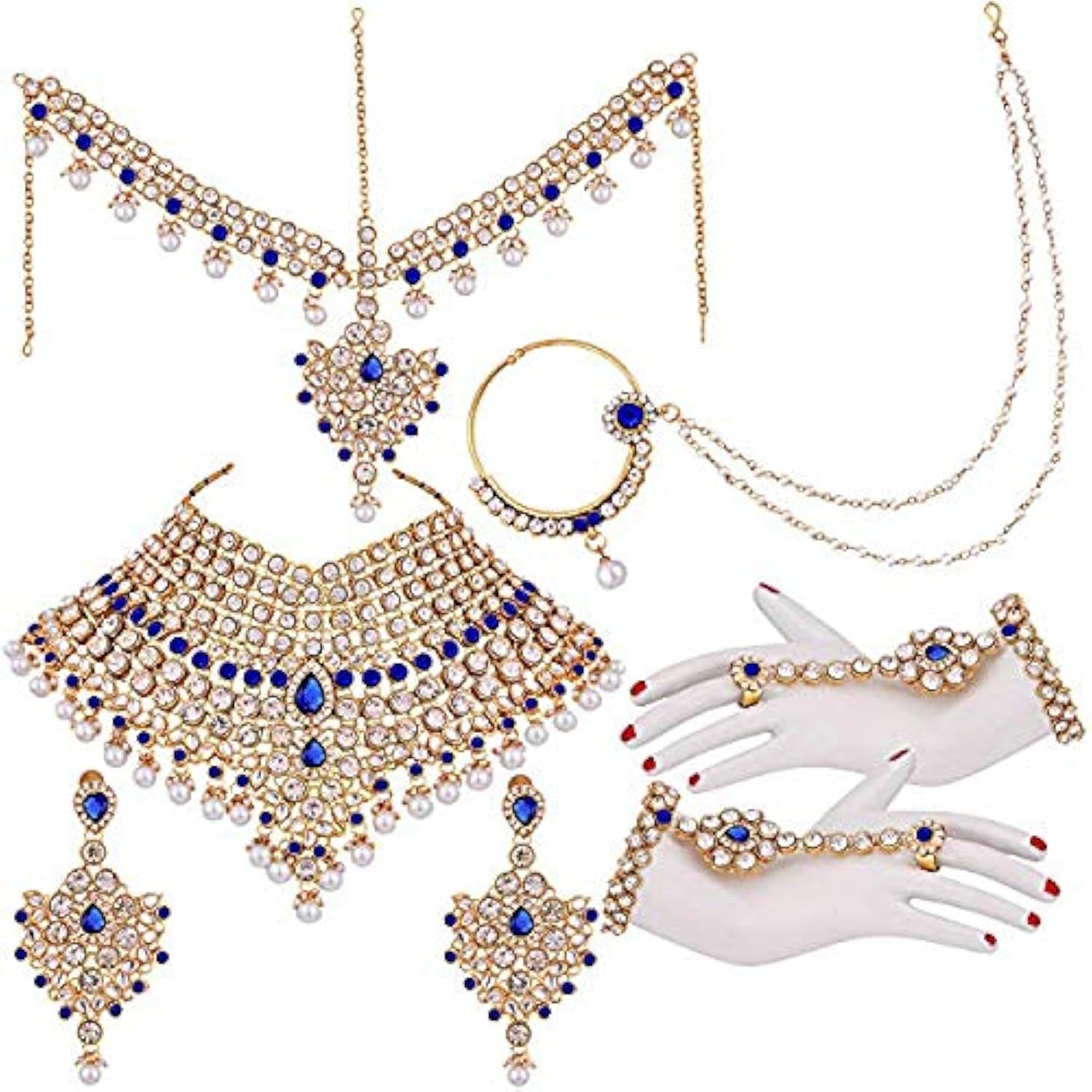 Aheli Classic Bollywood Style Indian Bridal Choker Necklace Matha Patti Nose Ring Haath Phool Wedding Fashion Jewelry Set for Women (Blue)