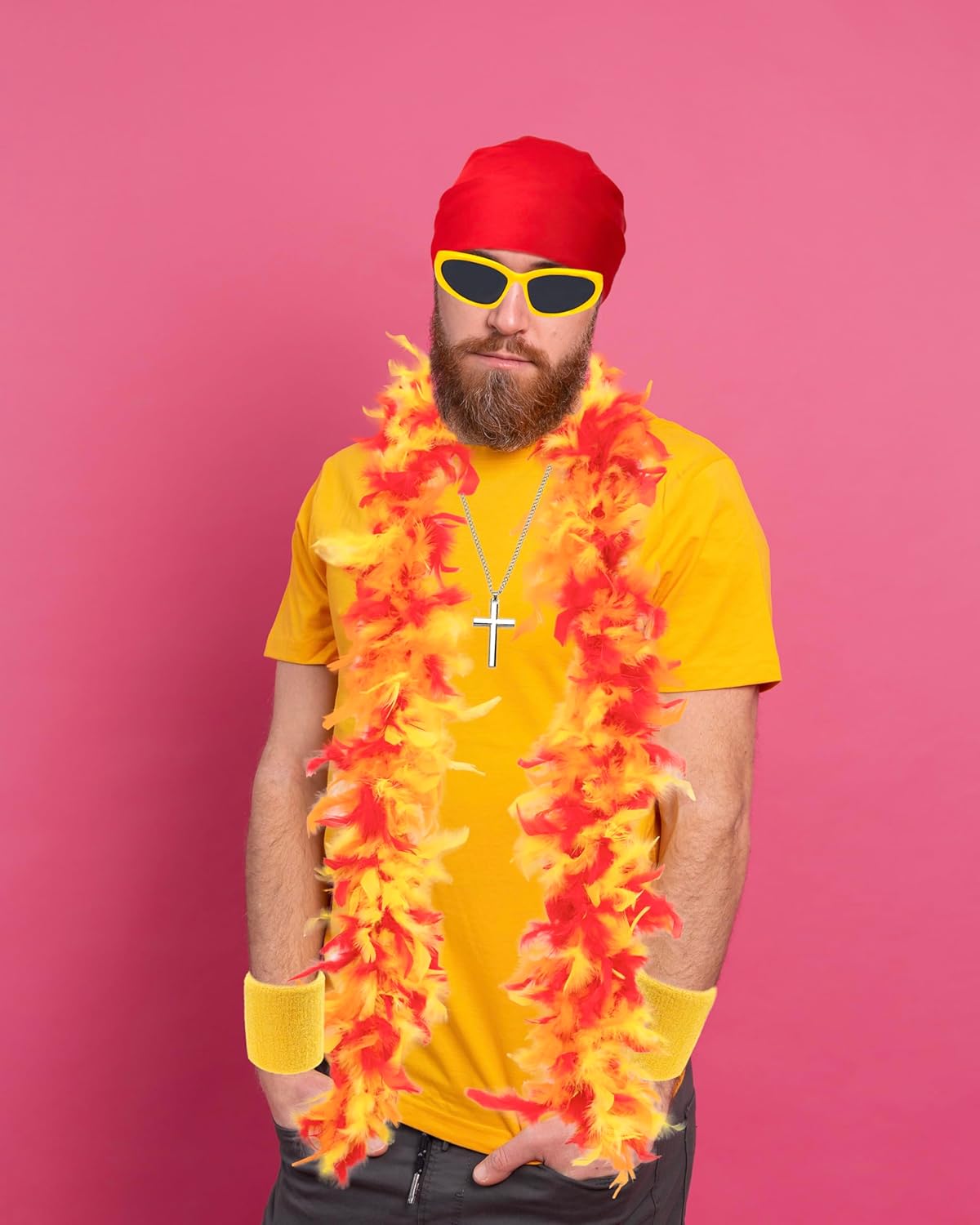 EQVYG 6PCS Halloween Wrestler Costume Accessories Adult Bandana Feather Boa Mustache Glasses Bracers Necklace Mens Cosplay - Image 4