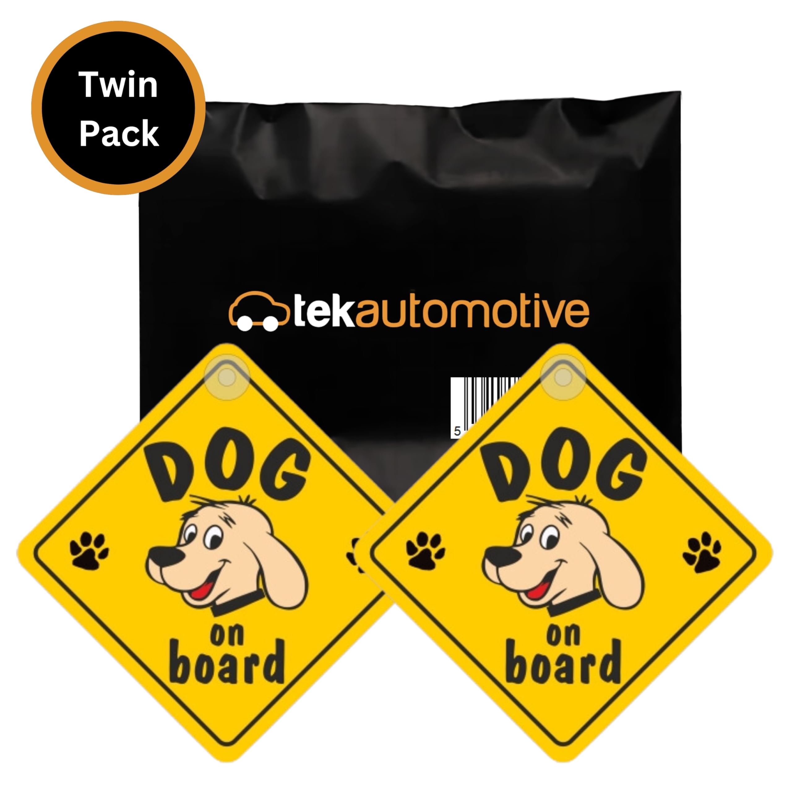 Tek Automotive Panneau de voiture Dog on Board | Lot de 2 | Ventouse de 14 x 14 cm | Autocollant chien jaune très visible